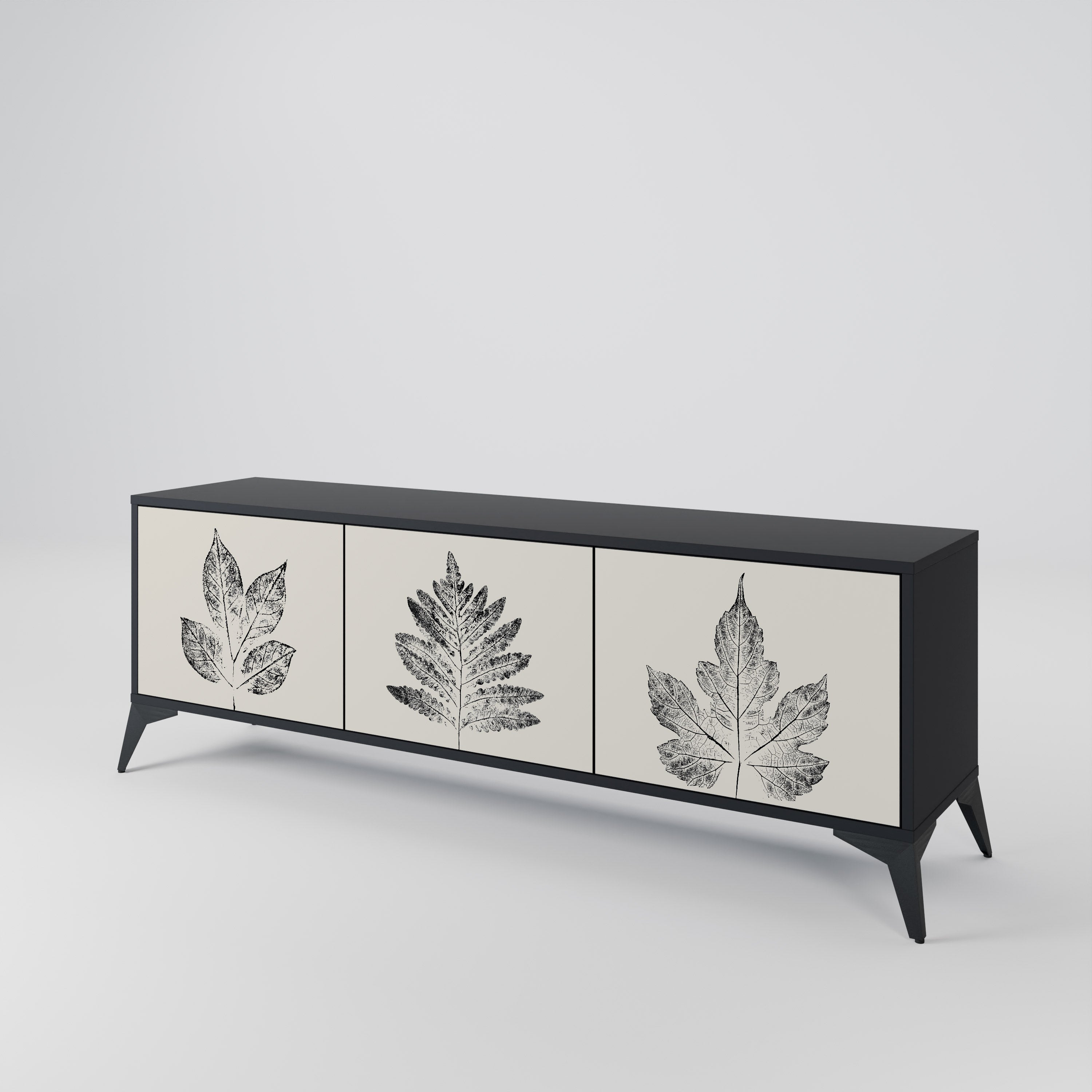 Mueble de TV de 3 puertas LEAFY STAMPS con acabado negro