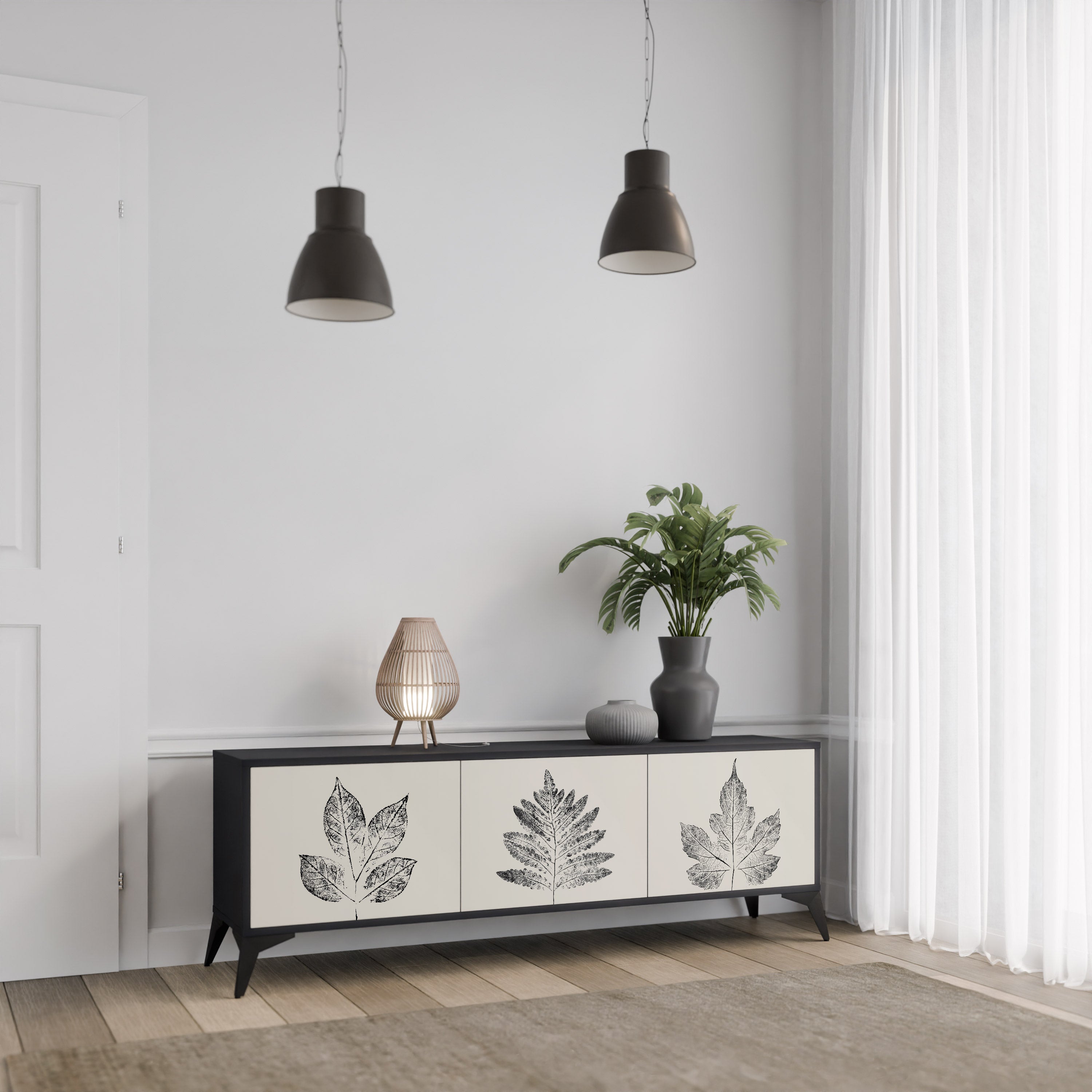 Mueble de TV de 3 puertas LEAFY STAMPS con acabado negro