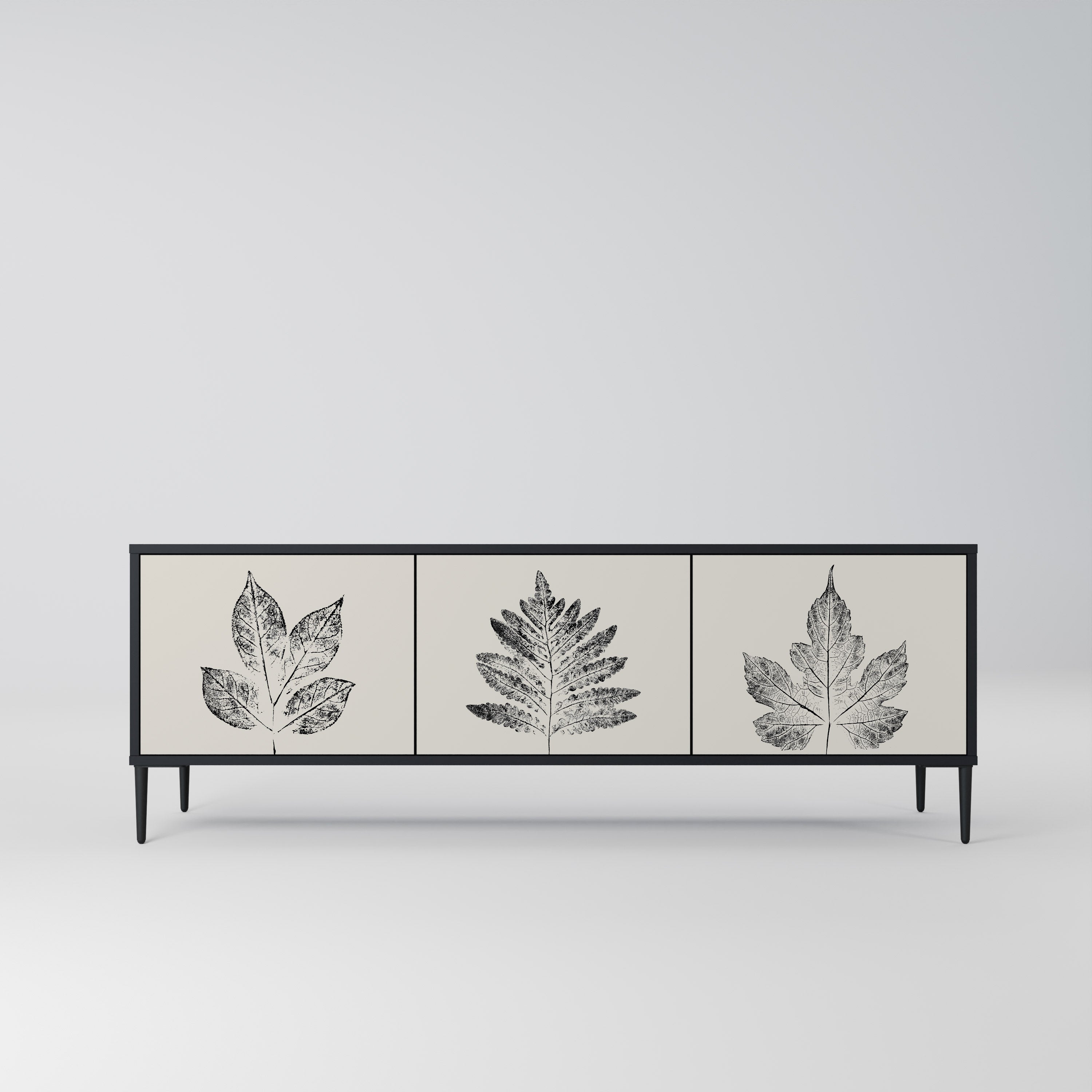 Mueble de TV de 3 puertas LEAFY STAMPS con acabado negro