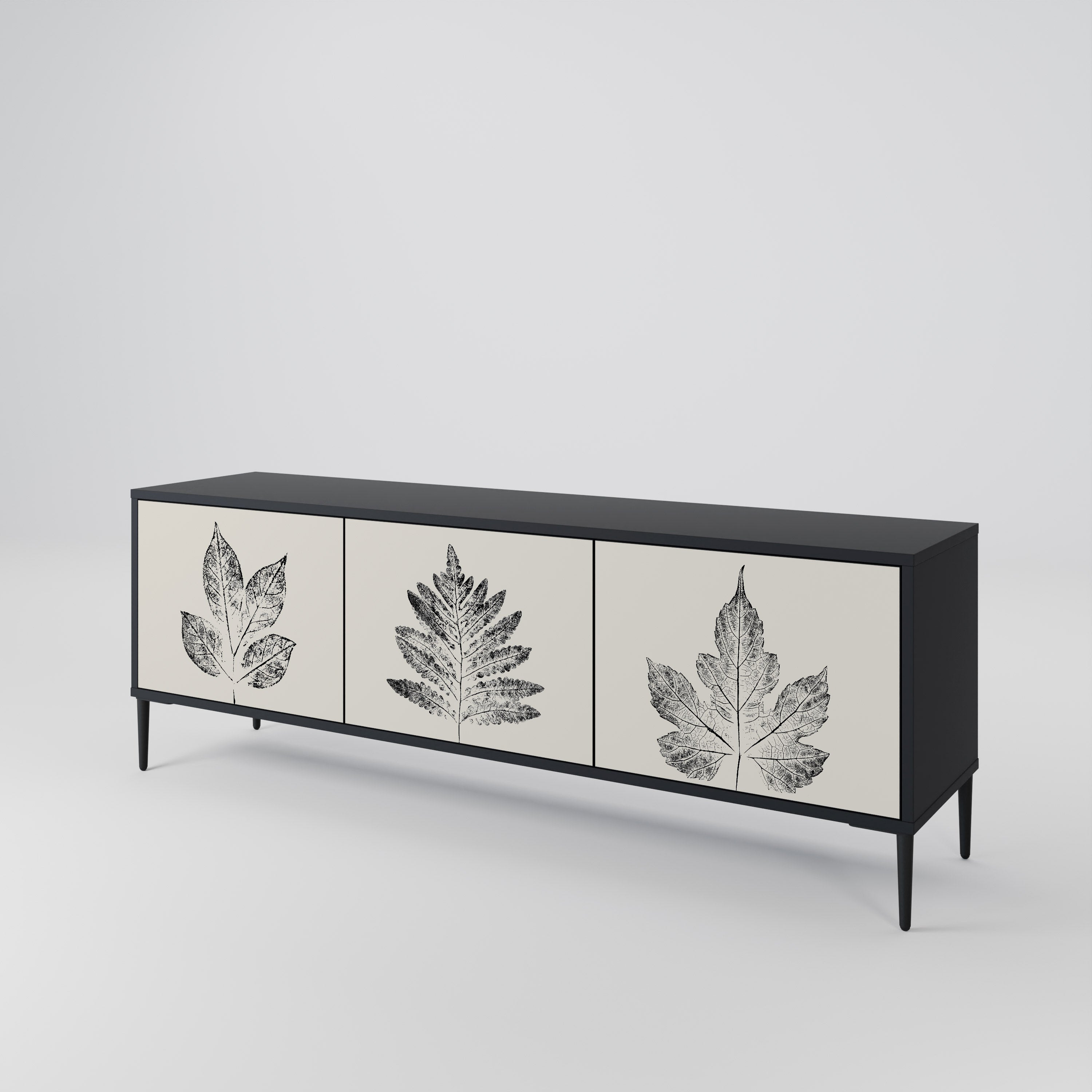 Mueble de TV de 3 puertas LEAFY STAMPS con acabado negro