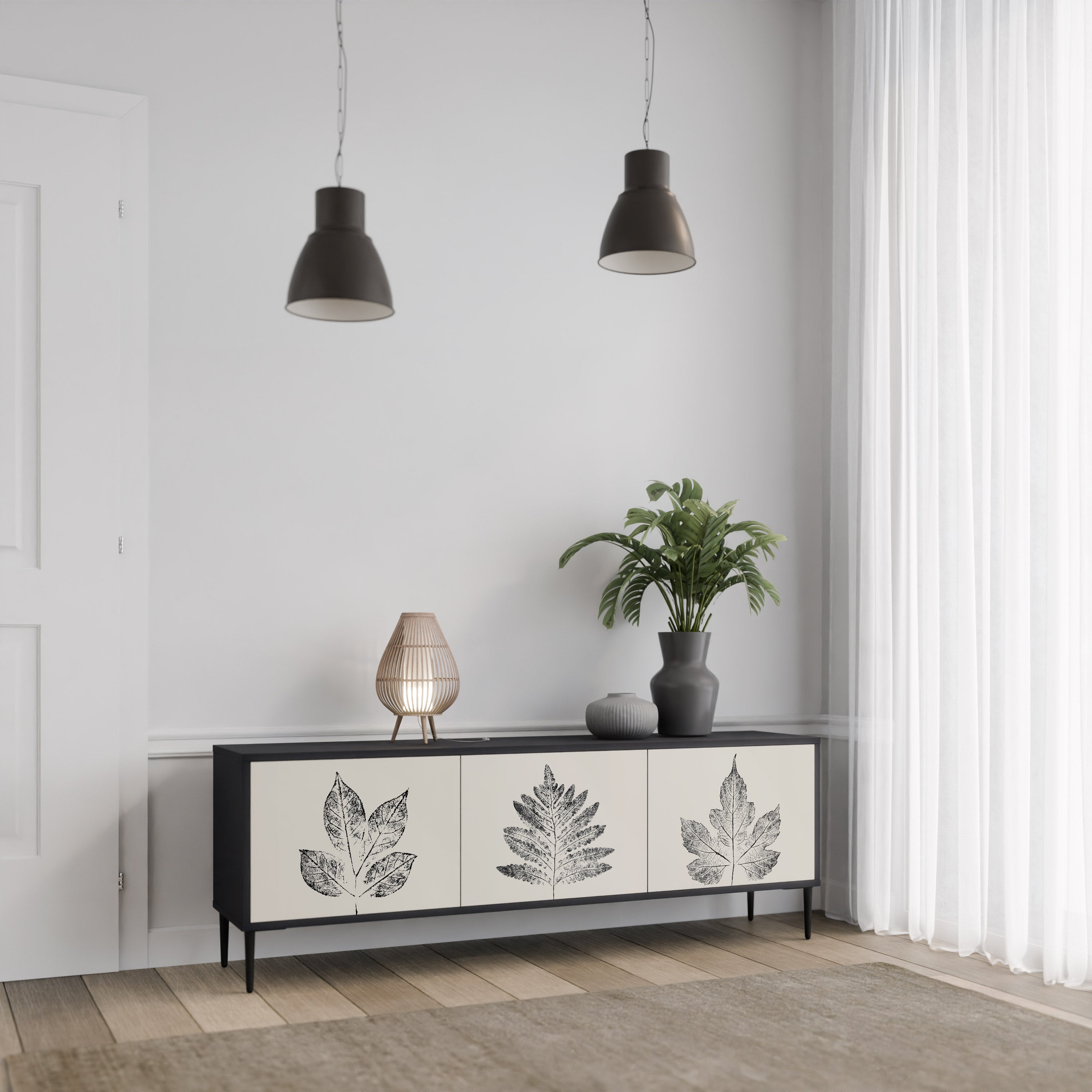 Mueble de TV de 3 puertas LEAFY STAMPS con acabado negro