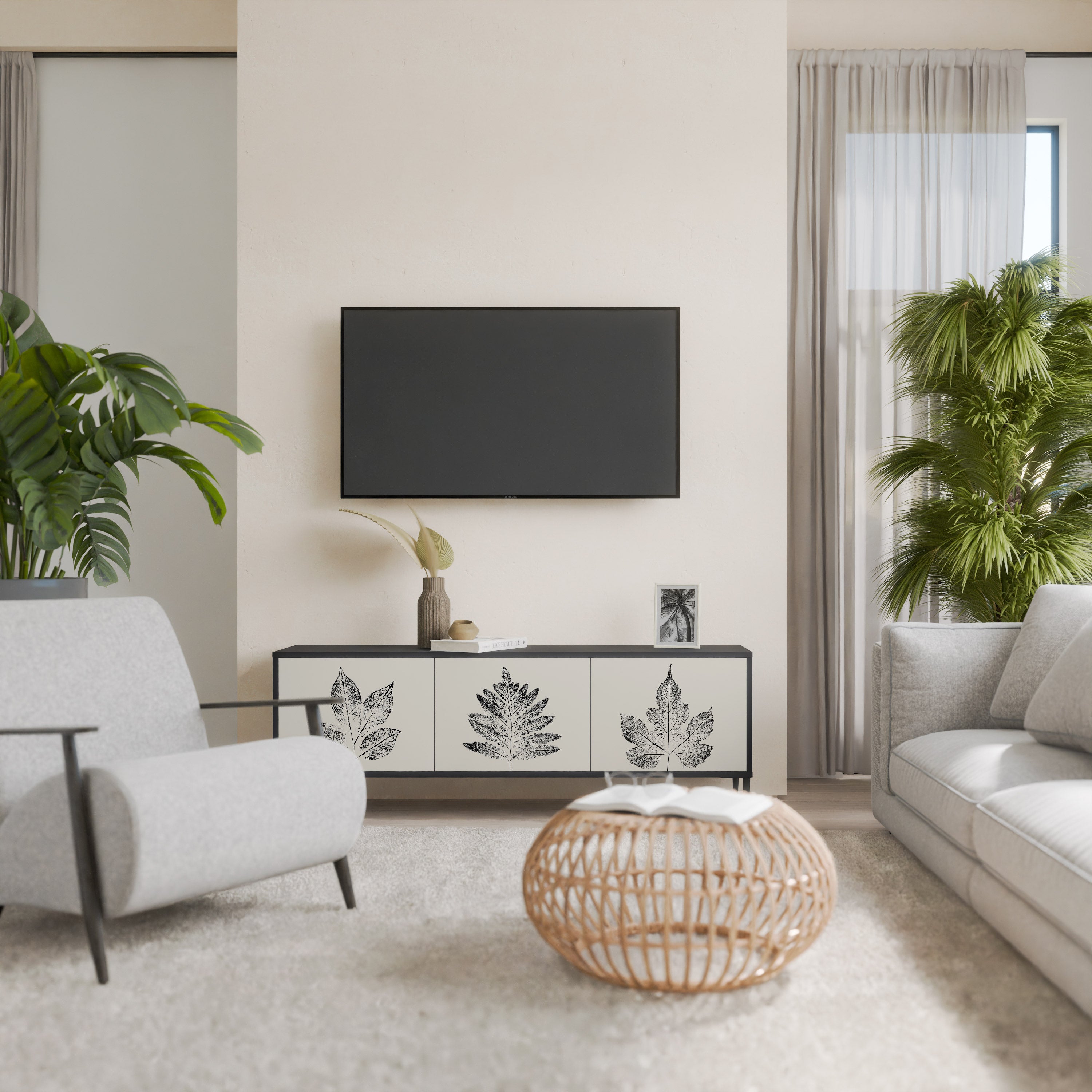 Mueble de TV de 3 puertas LEAFY STAMPS con acabado negro