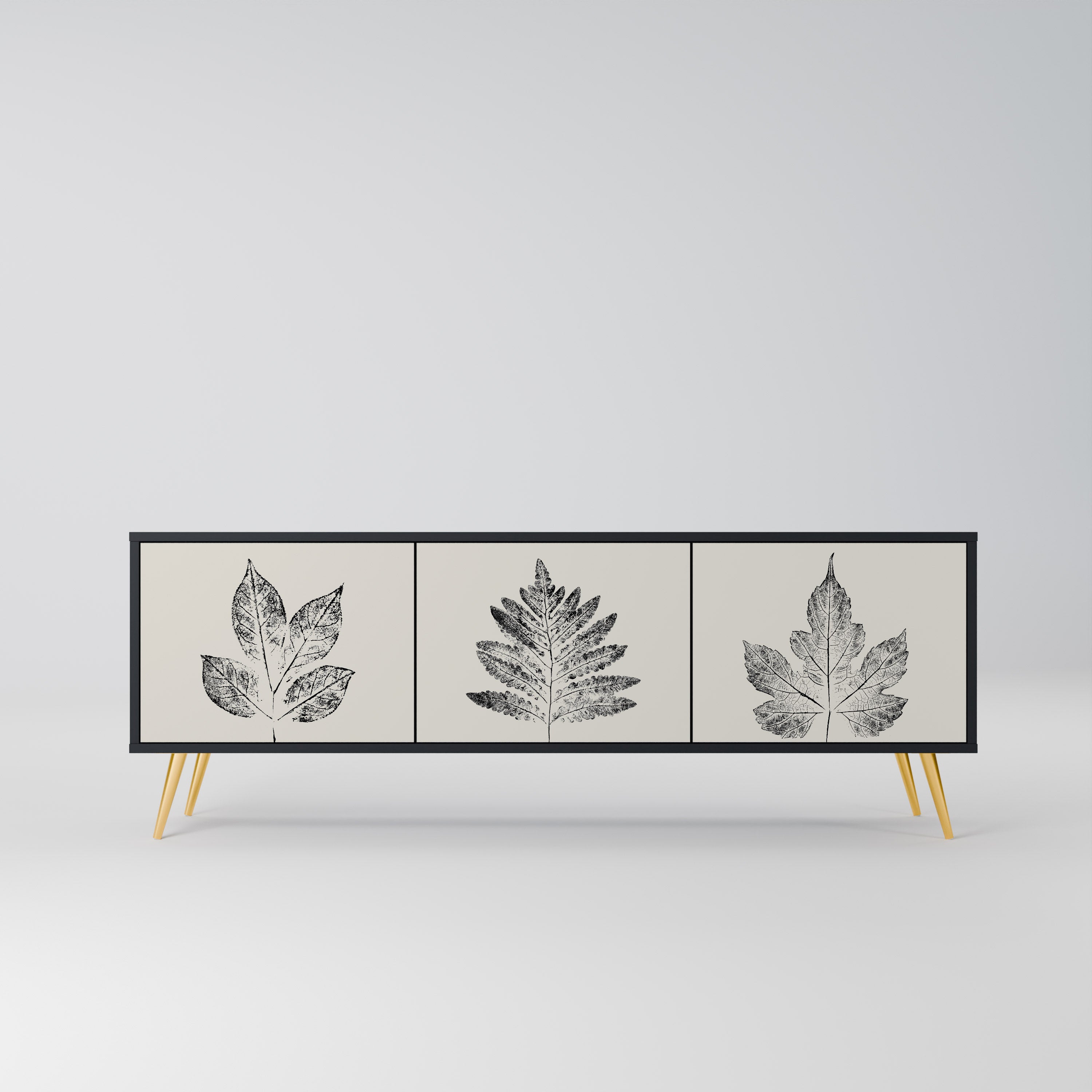 Mueble de TV de 3 puertas LEAFY STAMPS con acabado negro
