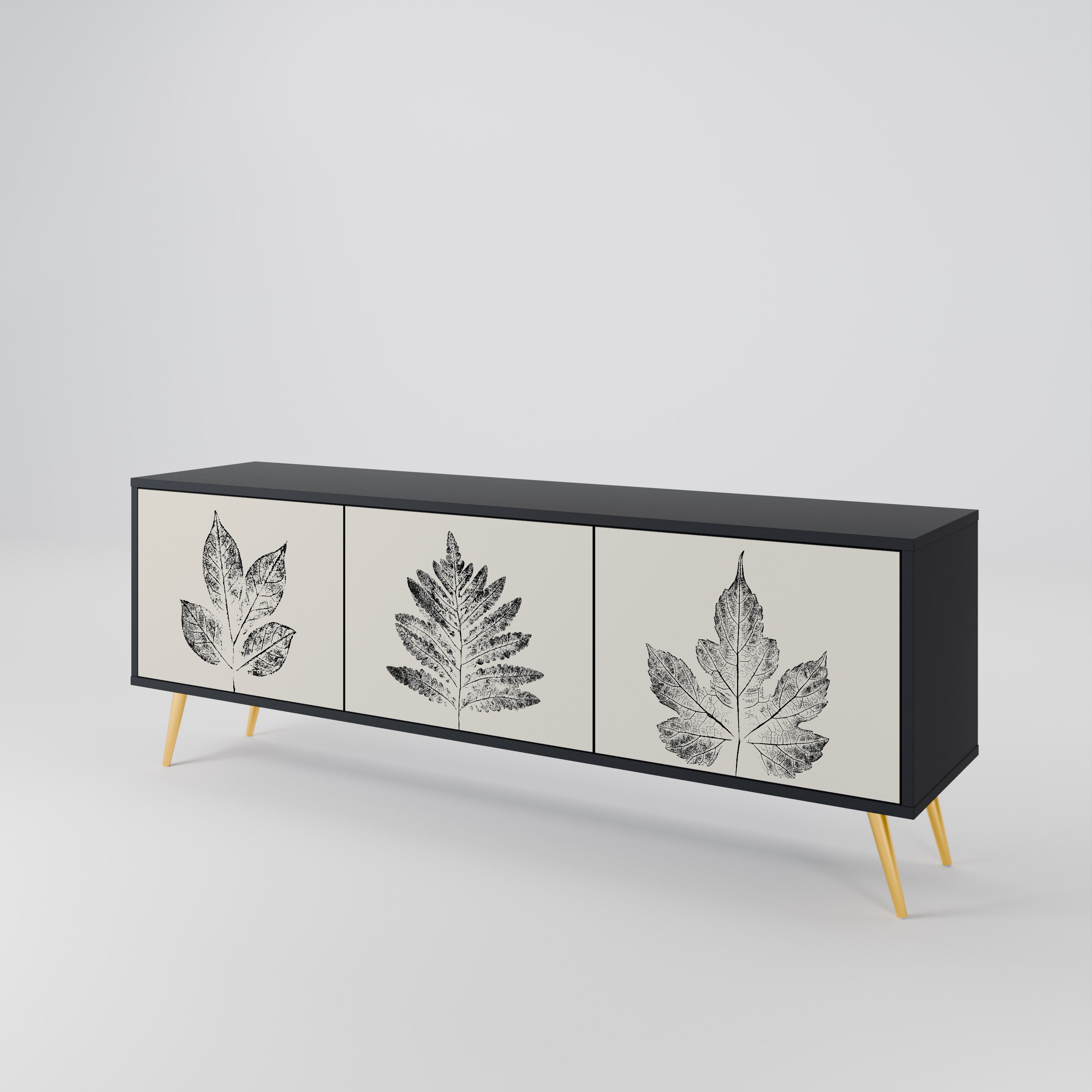 Mueble de TV de 3 puertas LEAFY STAMPS con acabado negro