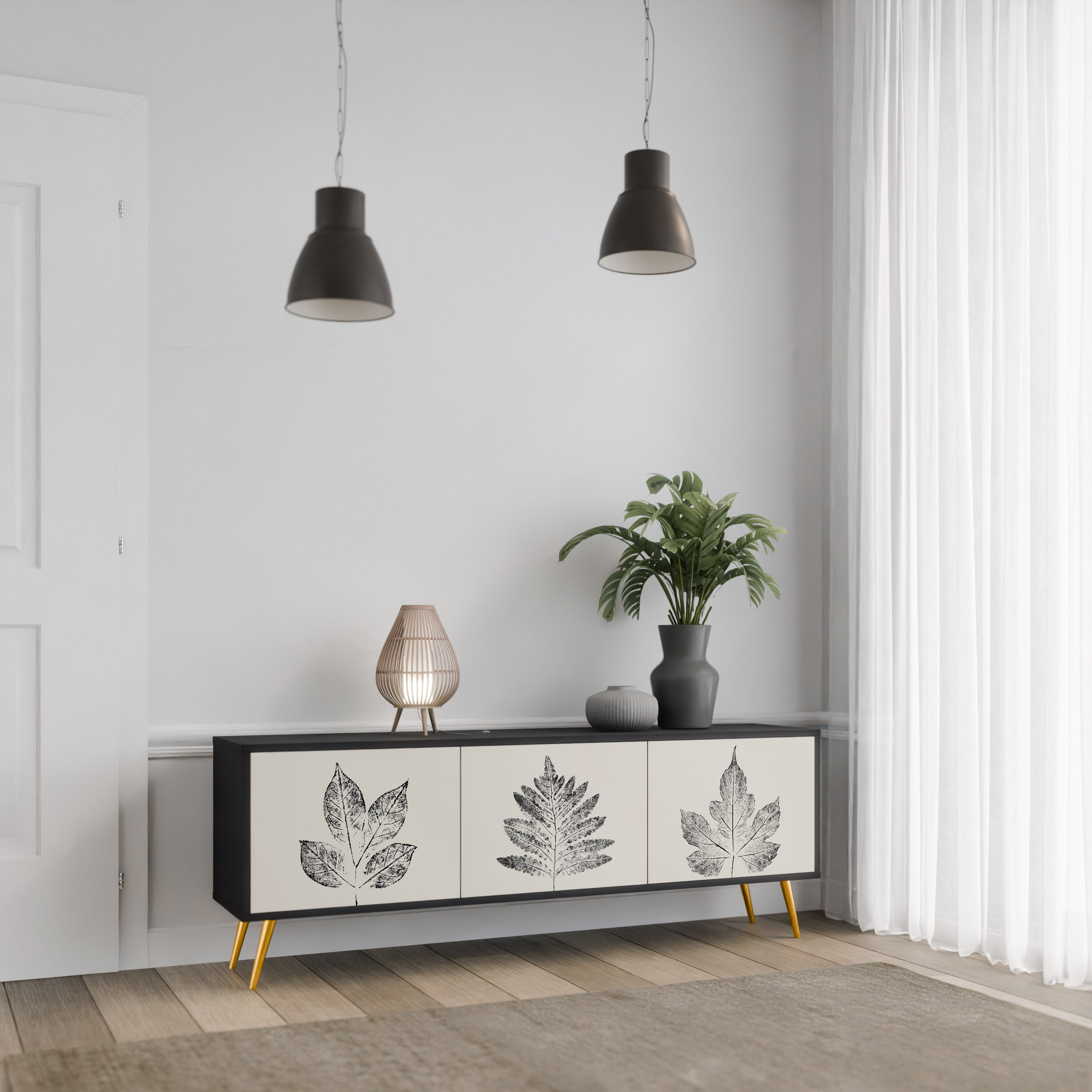 Mueble de TV de 3 puertas LEAFY STAMPS con acabado negro