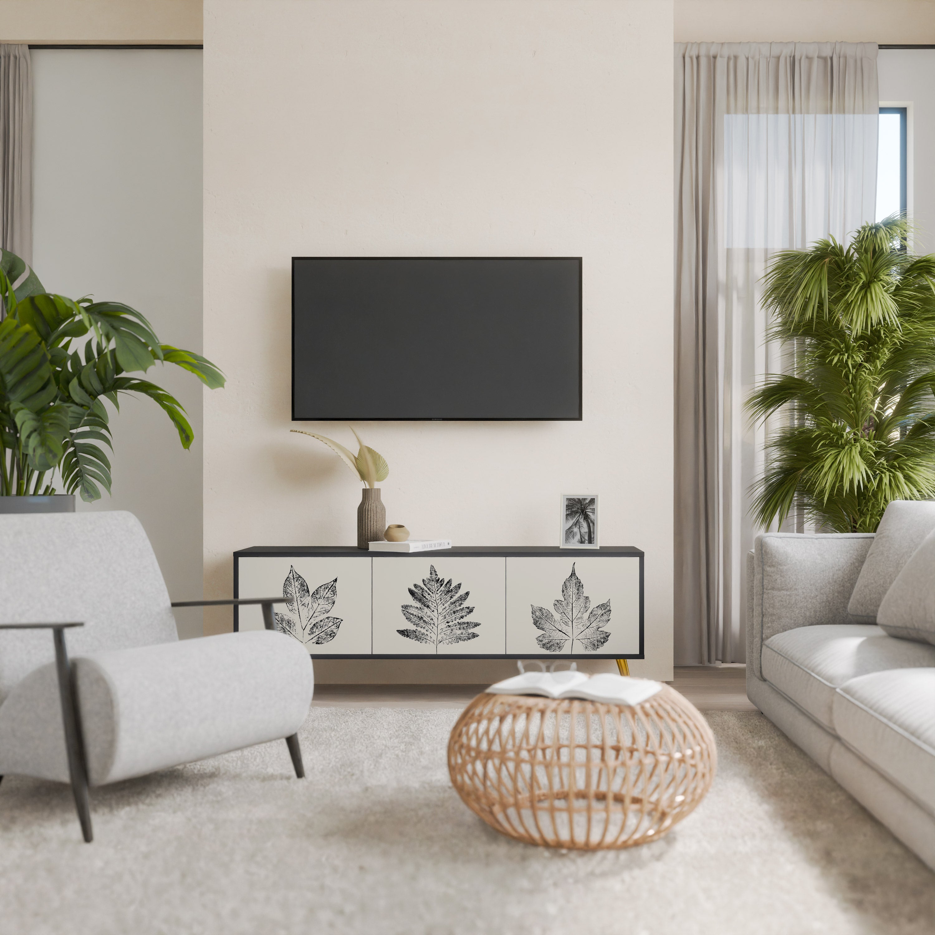 Mueble de TV de 3 puertas LEAFY STAMPS con acabado negro
