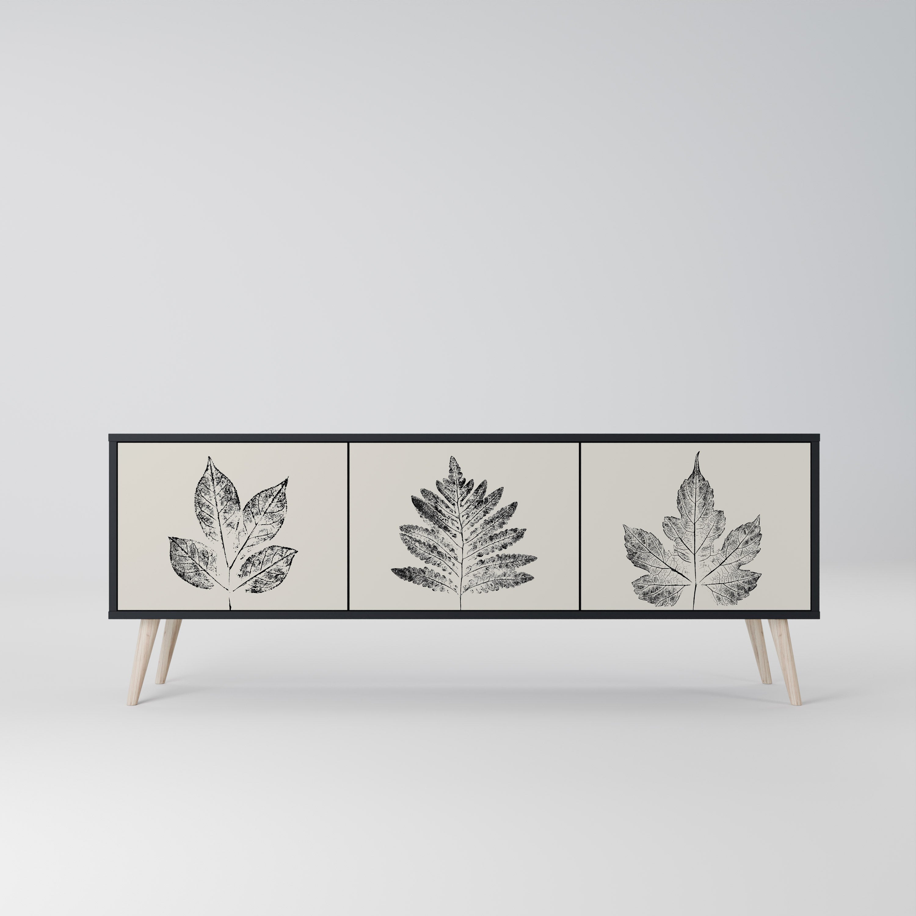 Mueble de TV de 3 puertas LEAFY STAMPS con acabado negro