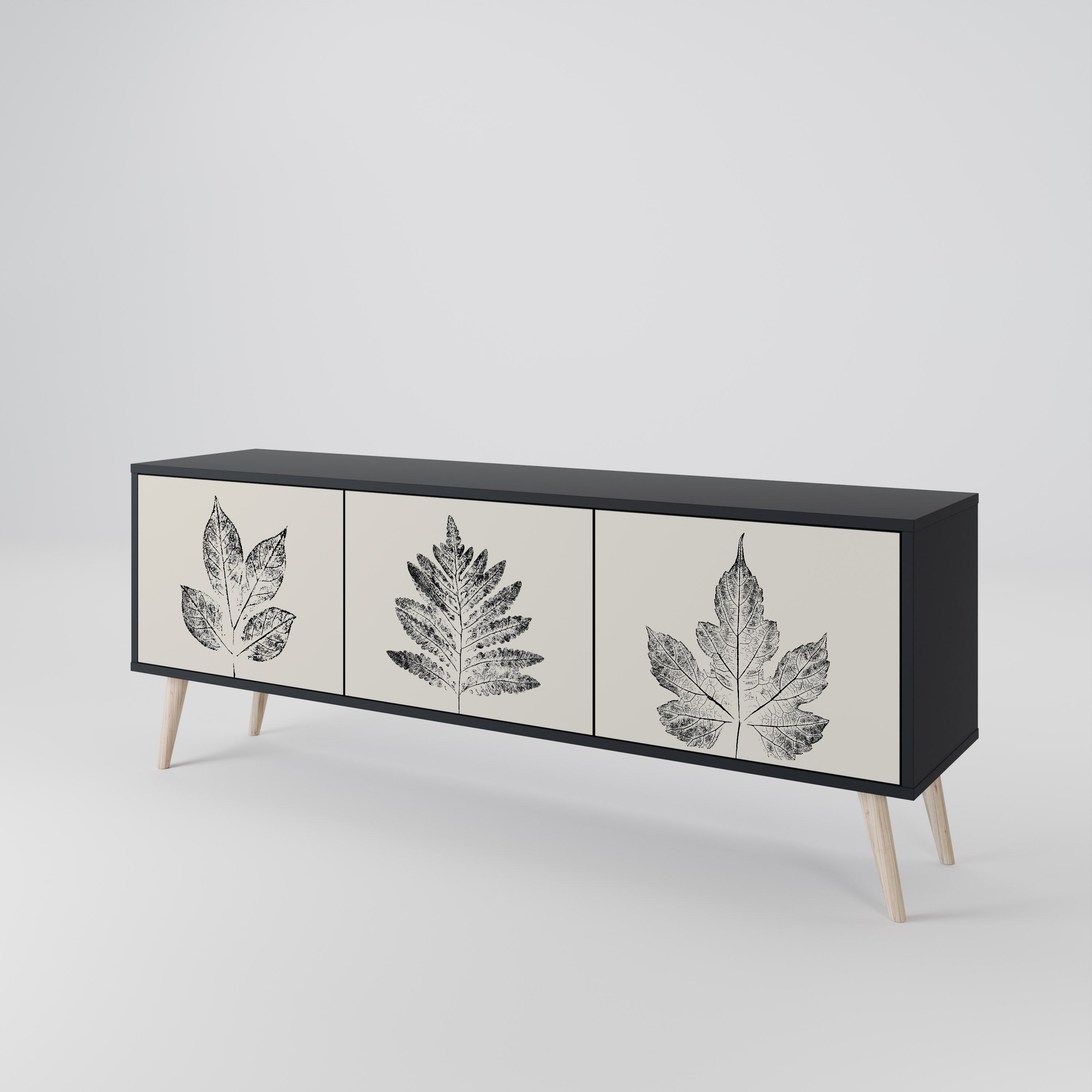 Mueble de TV de 3 puertas LEAFY STAMPS con acabado negro