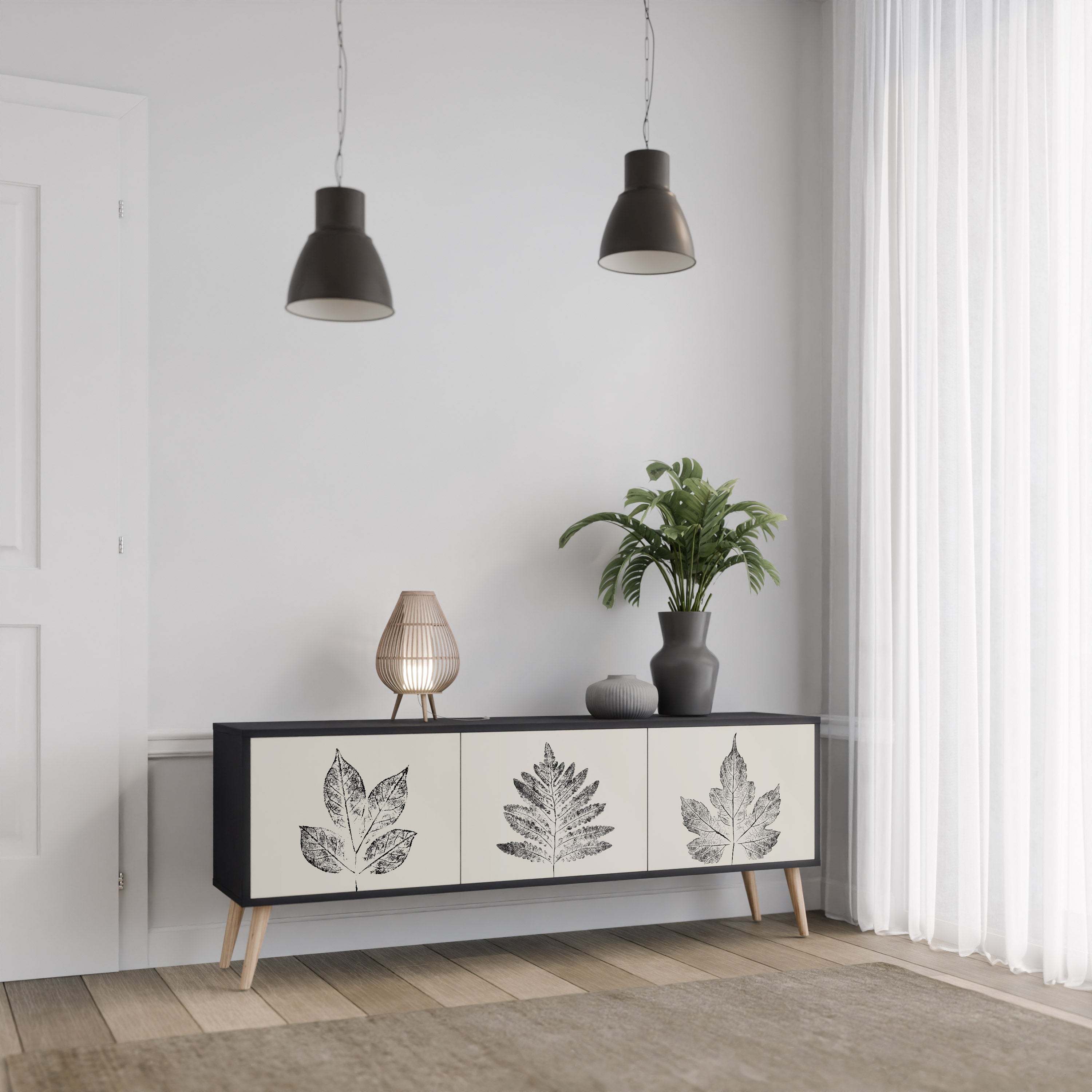 Mueble de TV de 3 puertas LEAFY STAMPS con acabado negro