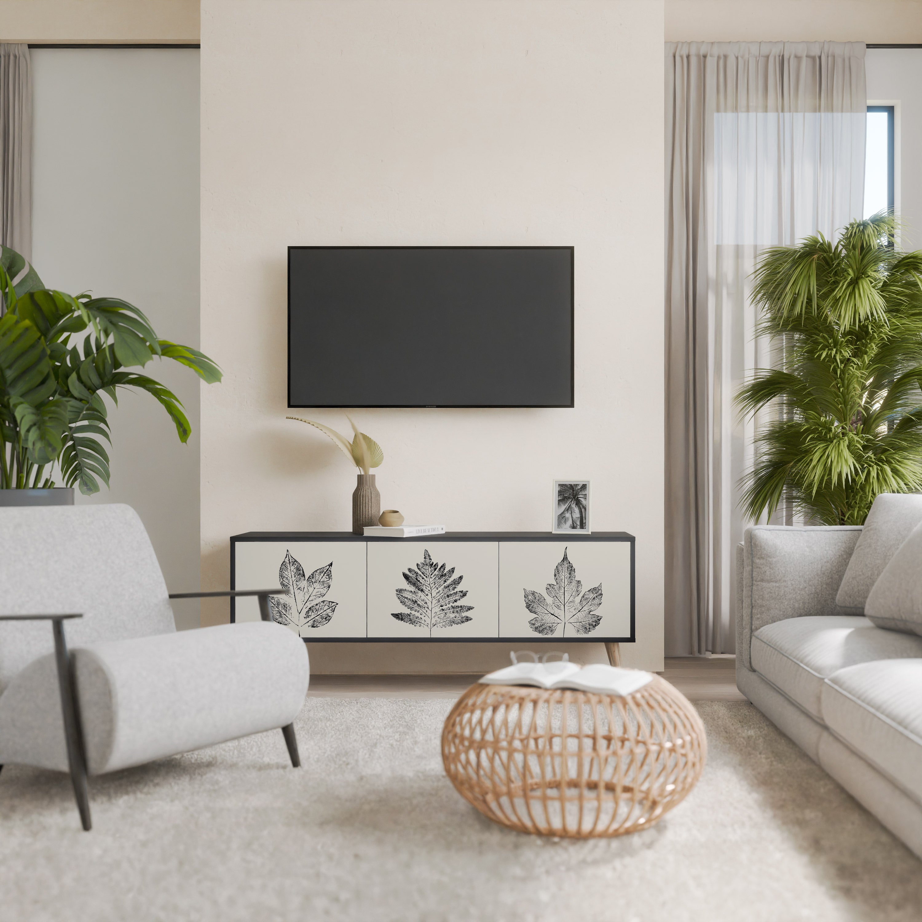 Mueble de TV de 3 puertas LEAFY STAMPS con acabado negro