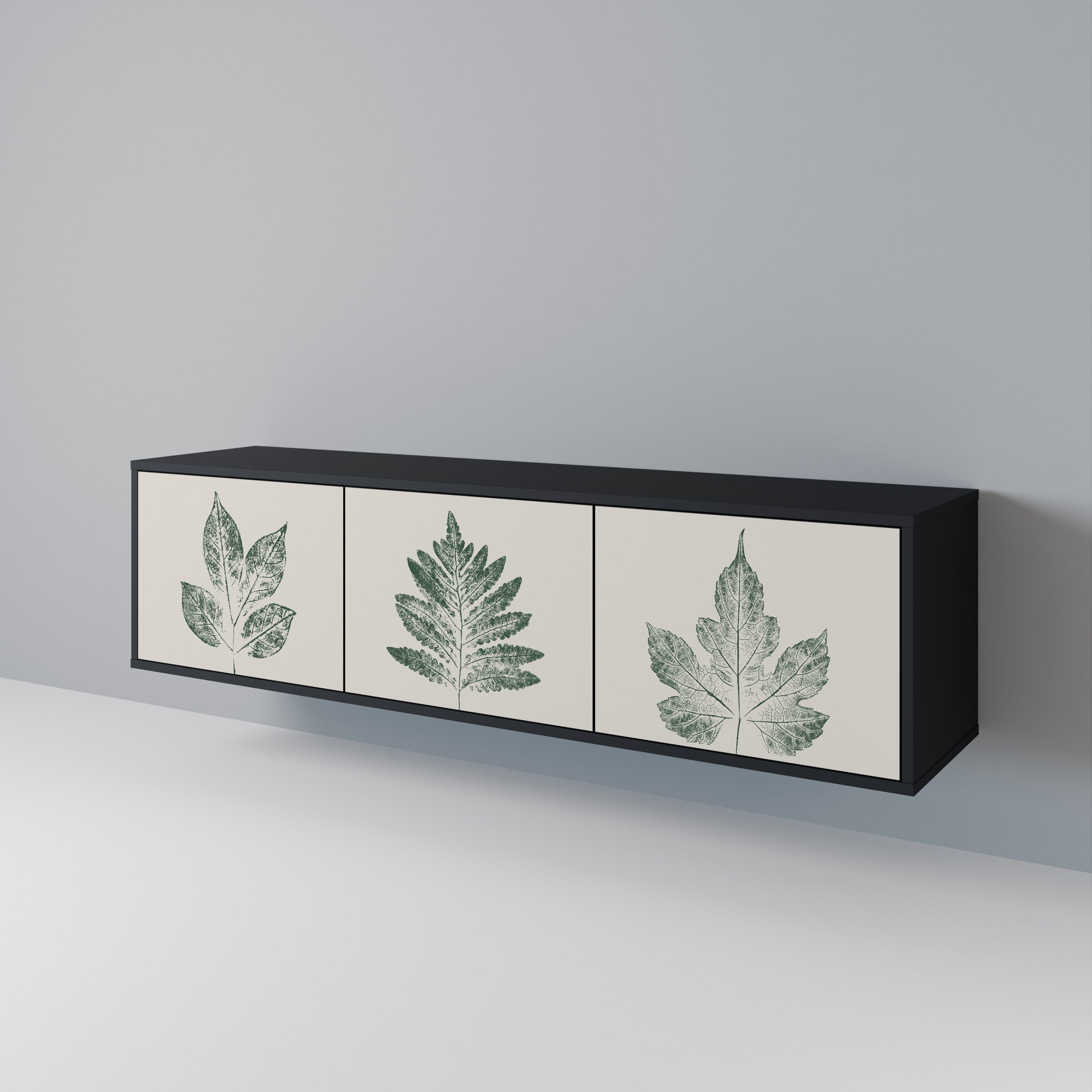 Mueble de TV de 3 puertas con acabado negro GREEN LEAFY STAMPS