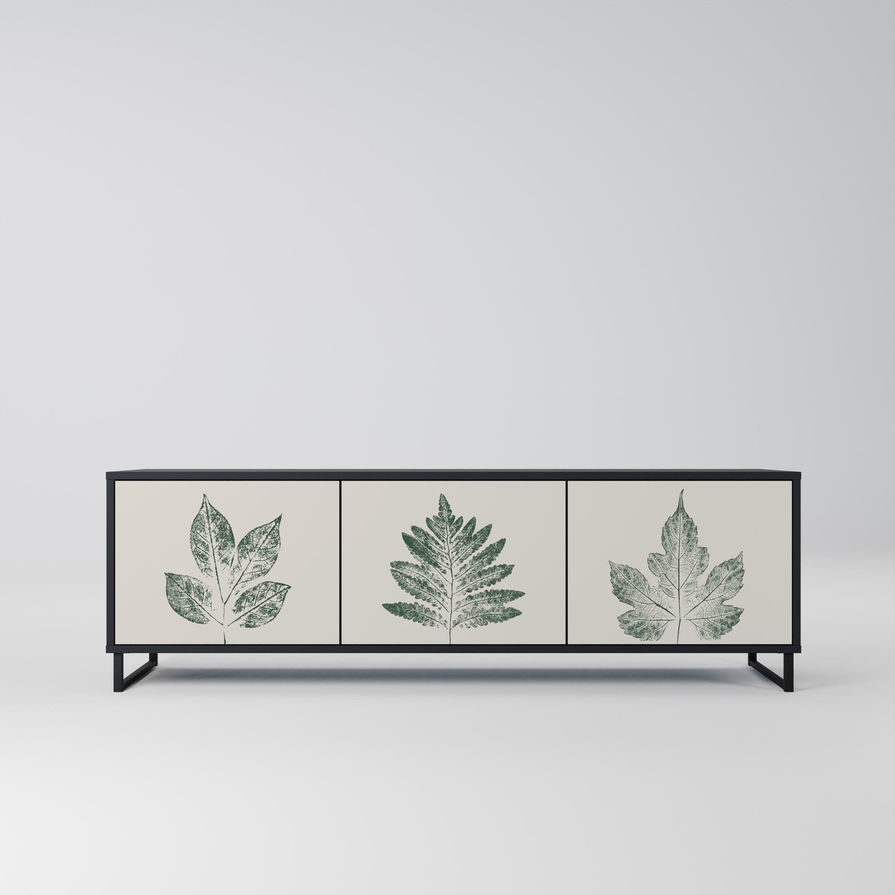 Mueble de TV de 3 puertas con acabado negro GREEN LEAFY STAMPS