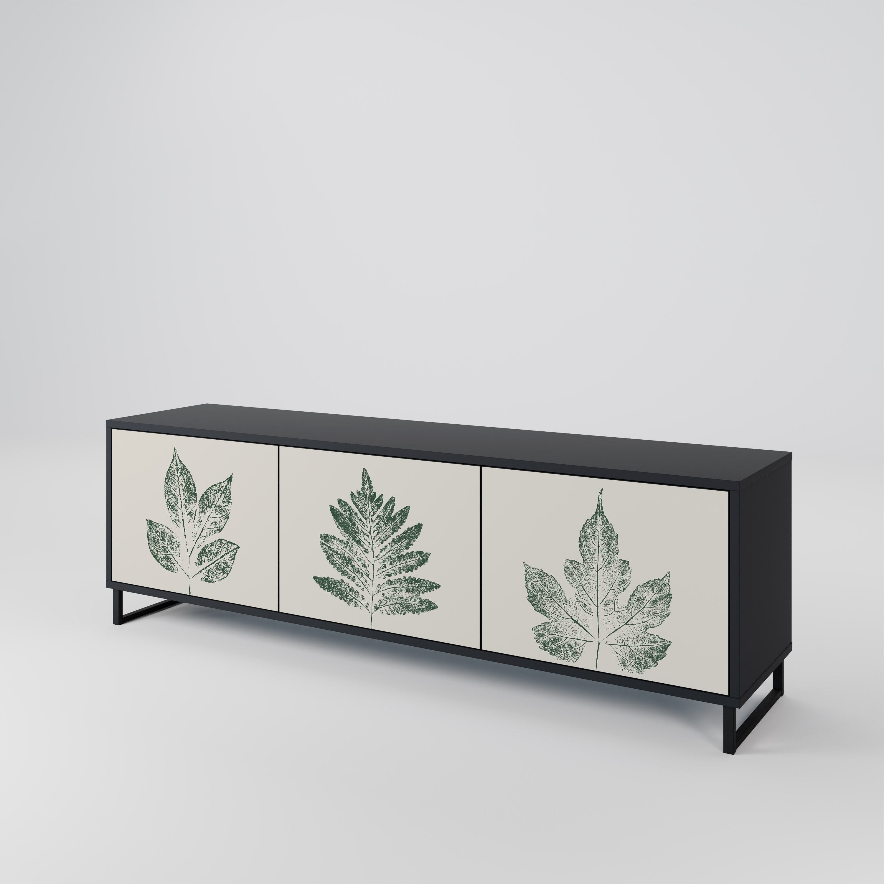 Mueble de TV de 3 puertas con acabado negro GREEN LEAFY STAMPS