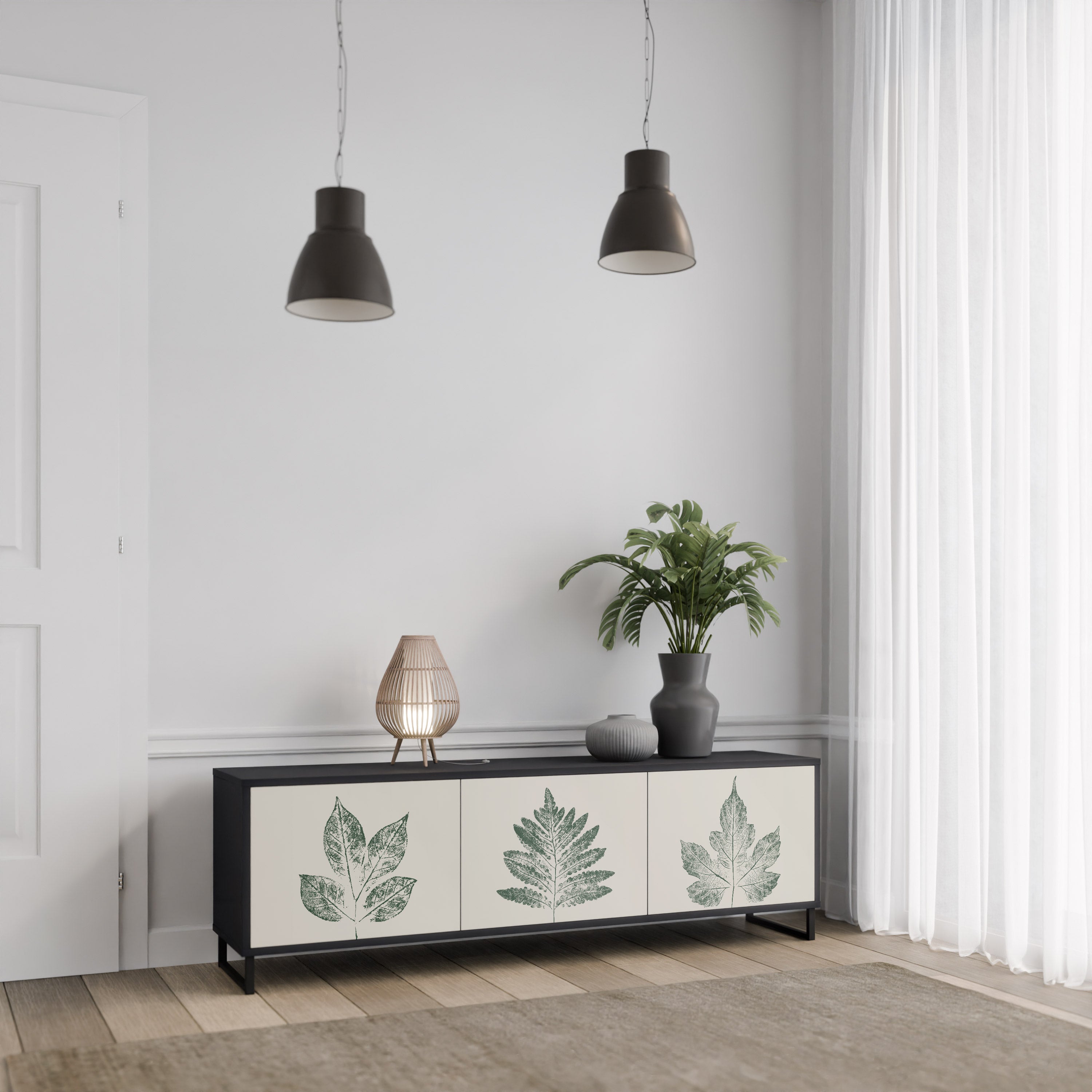 Mueble de TV de 3 puertas con acabado negro GREEN LEAFY STAMPS