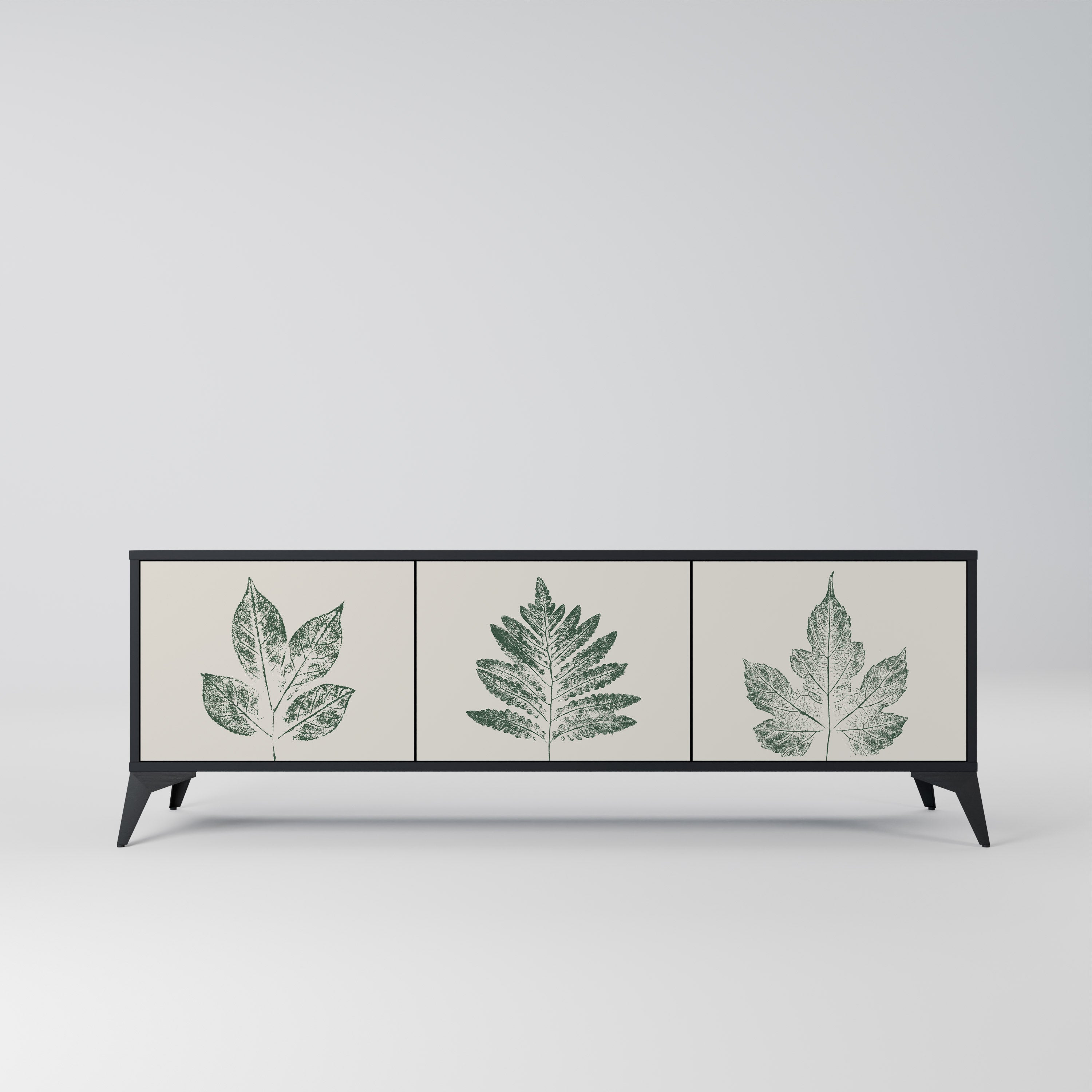 Mueble de TV de 3 puertas con acabado negro GREEN LEAFY STAMPS