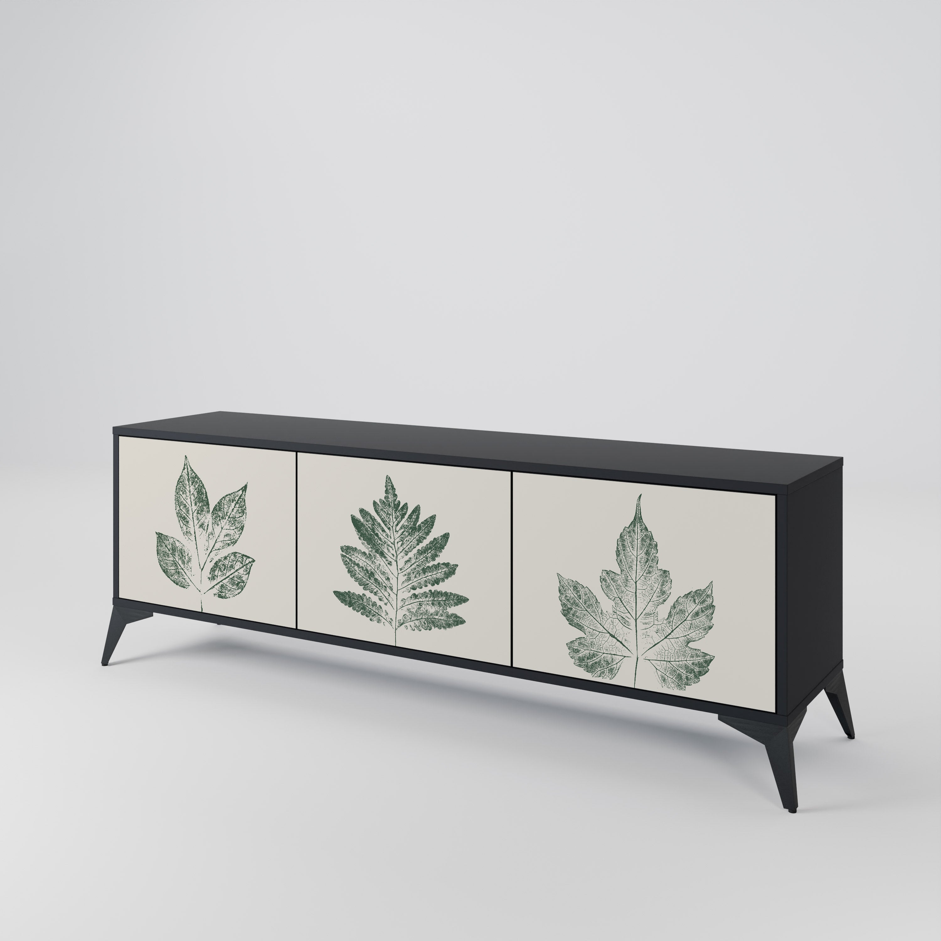 Mueble de TV de 3 puertas con acabado negro GREEN LEAFY STAMPS