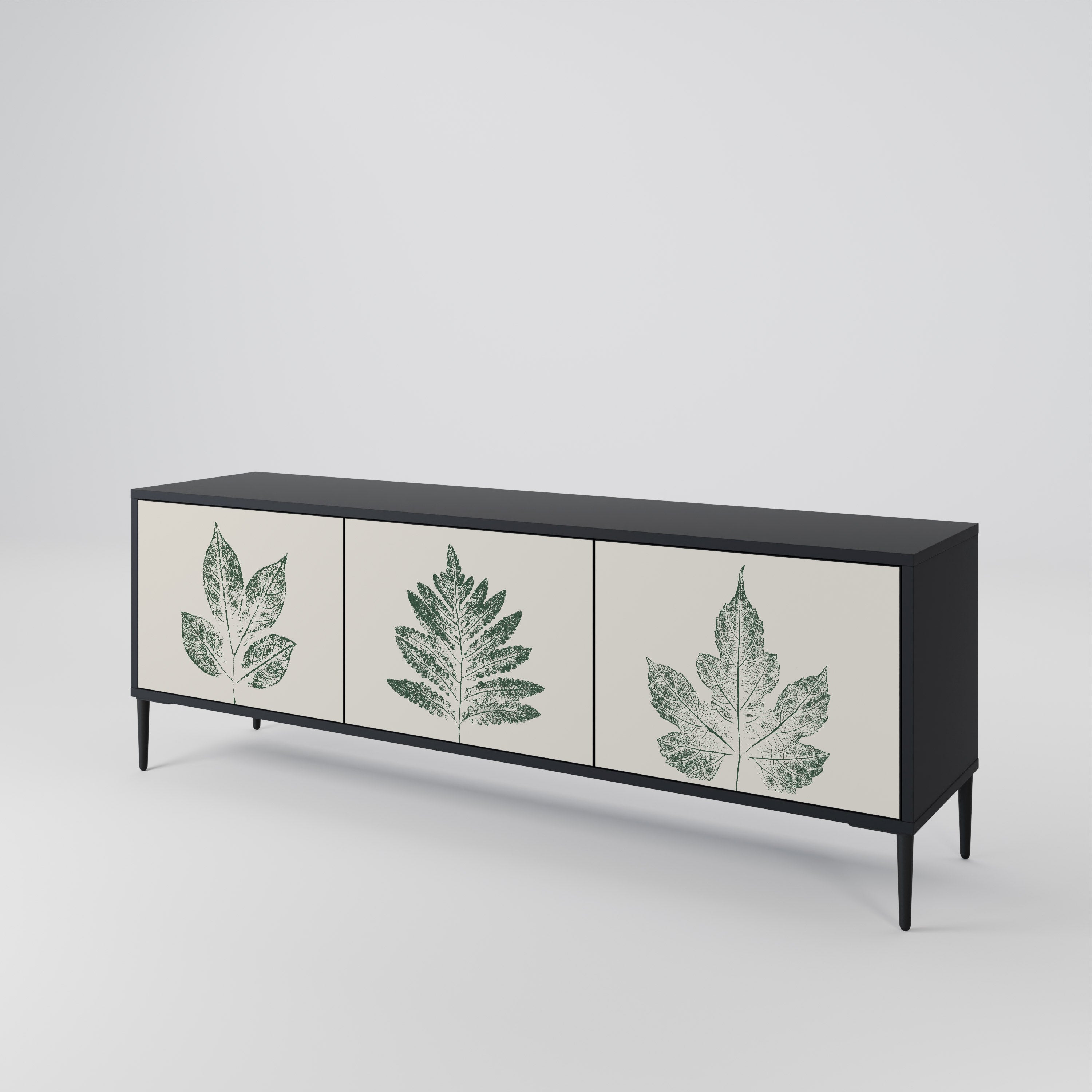 Mueble de TV de 3 puertas con acabado negro GREEN LEAFY STAMPS
