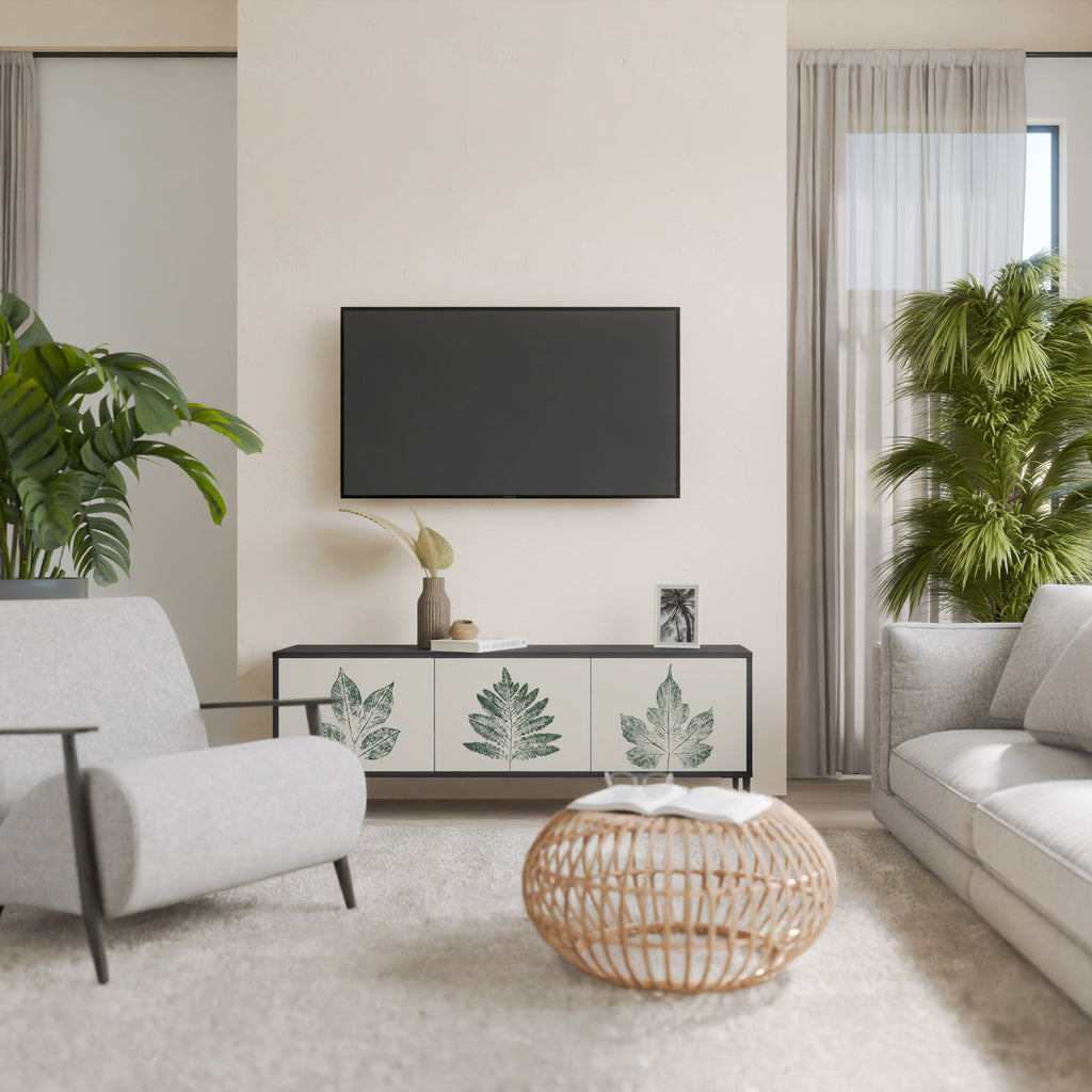 Mueble de TV de 3 puertas con acabado negro GREEN LEAFY STAMPS