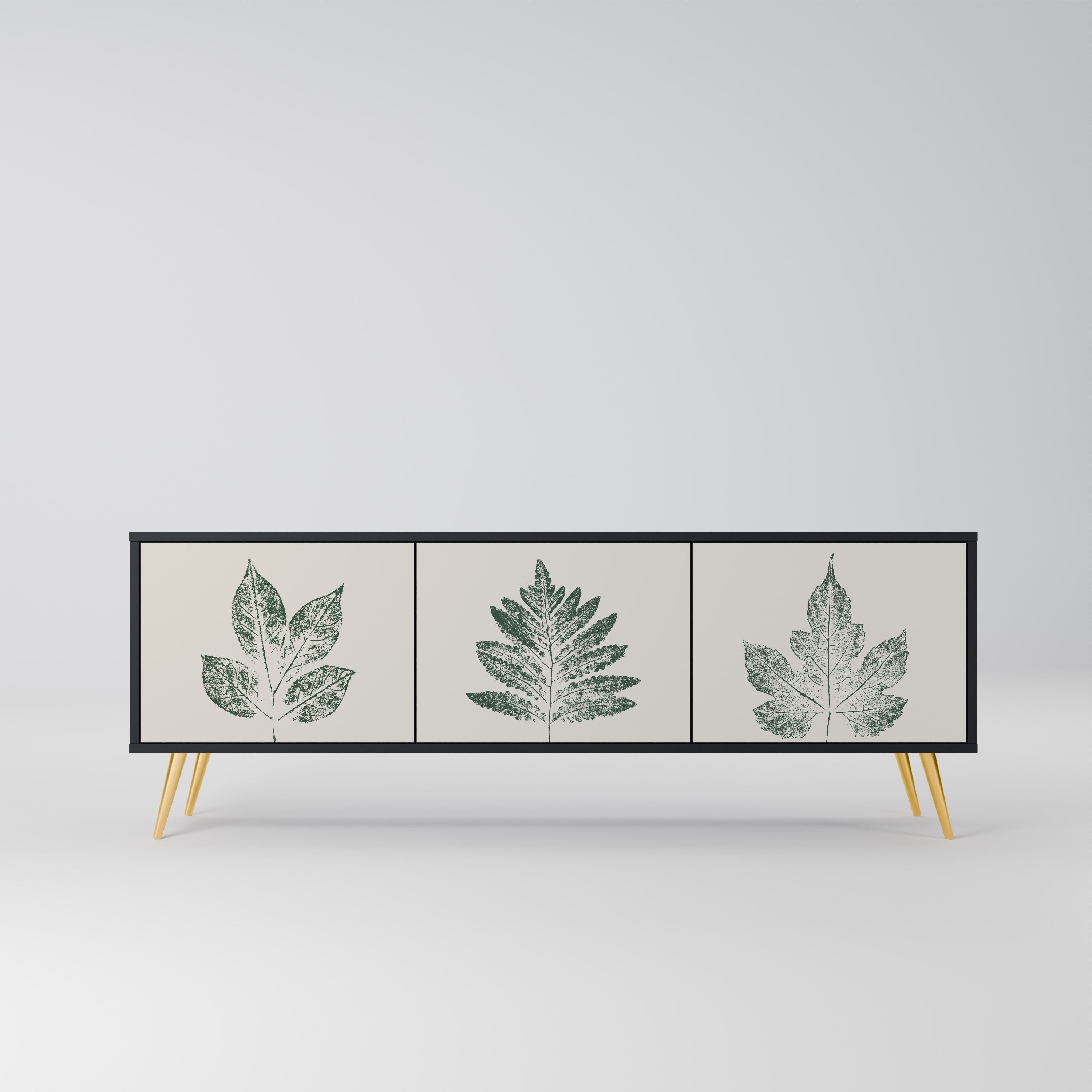 Mueble de TV de 3 puertas con acabado negro GREEN LEAFY STAMPS