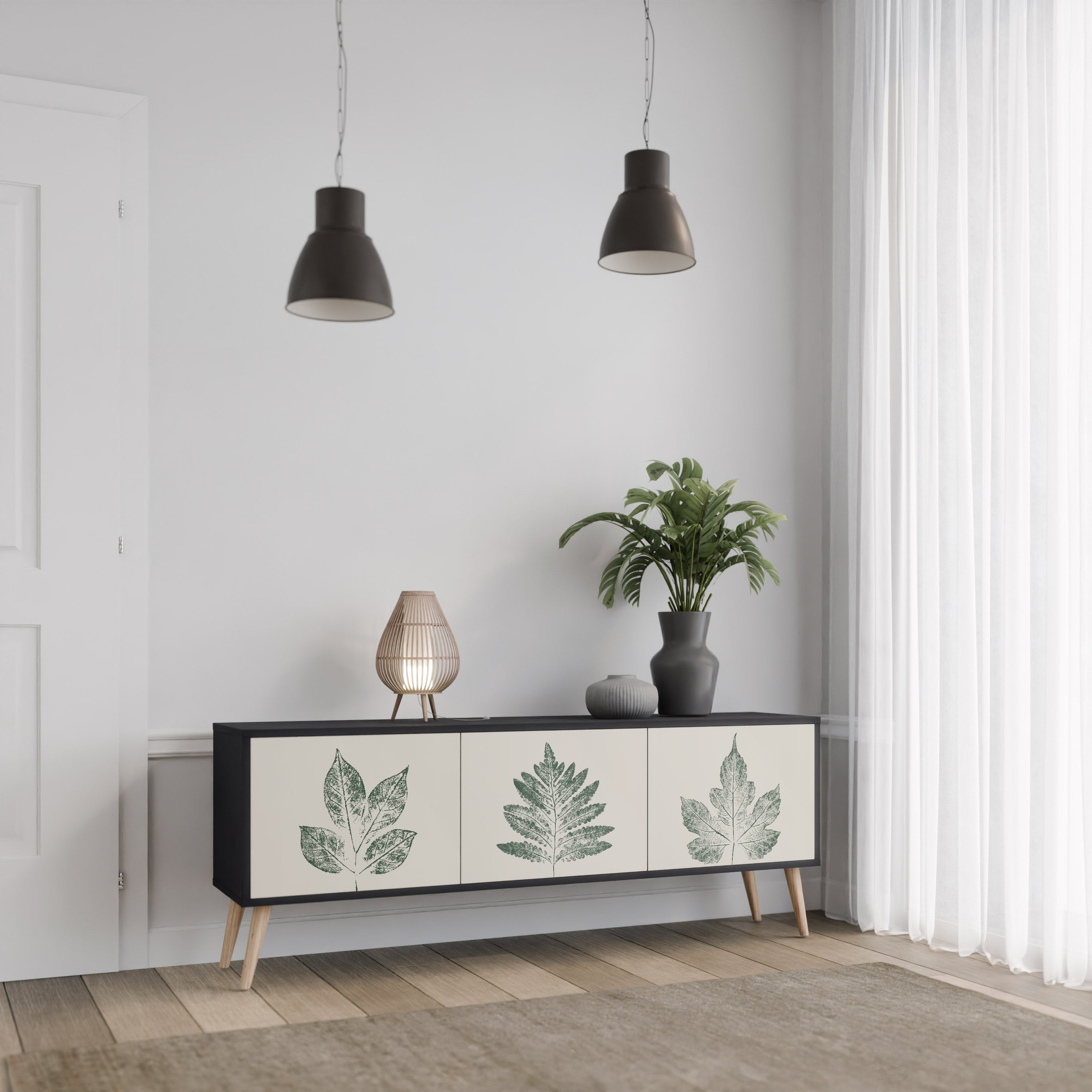 Mueble de TV de 3 puertas con acabado negro GREEN LEAFY STAMPS