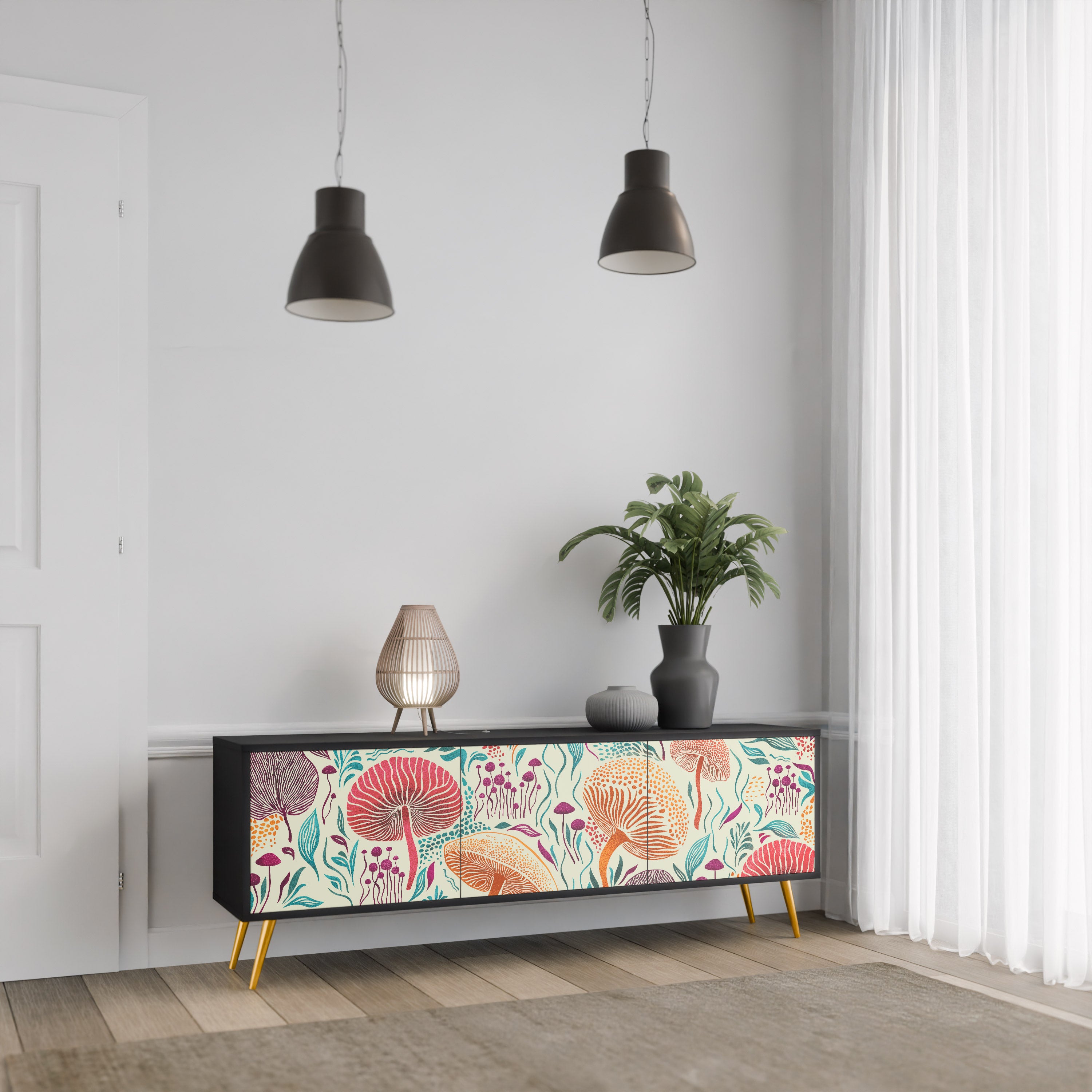 Mueble de TV FUNGUS FANTASY de 3 puertas con acabado negro