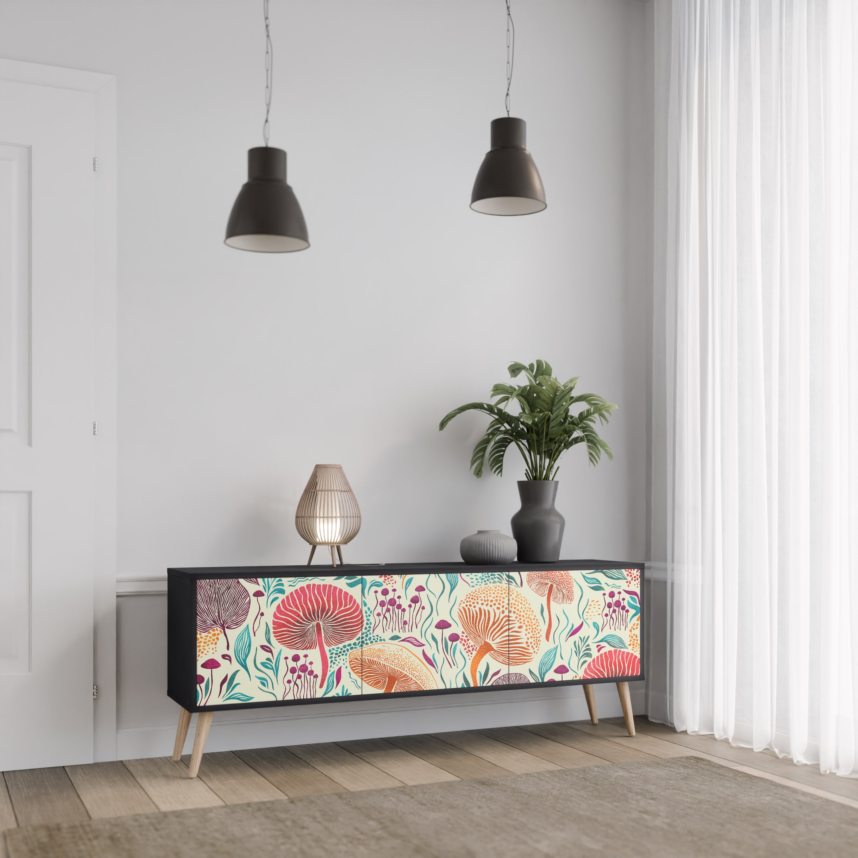 Mueble de TV FUNGUS FANTASY de 3 puertas con acabado negro