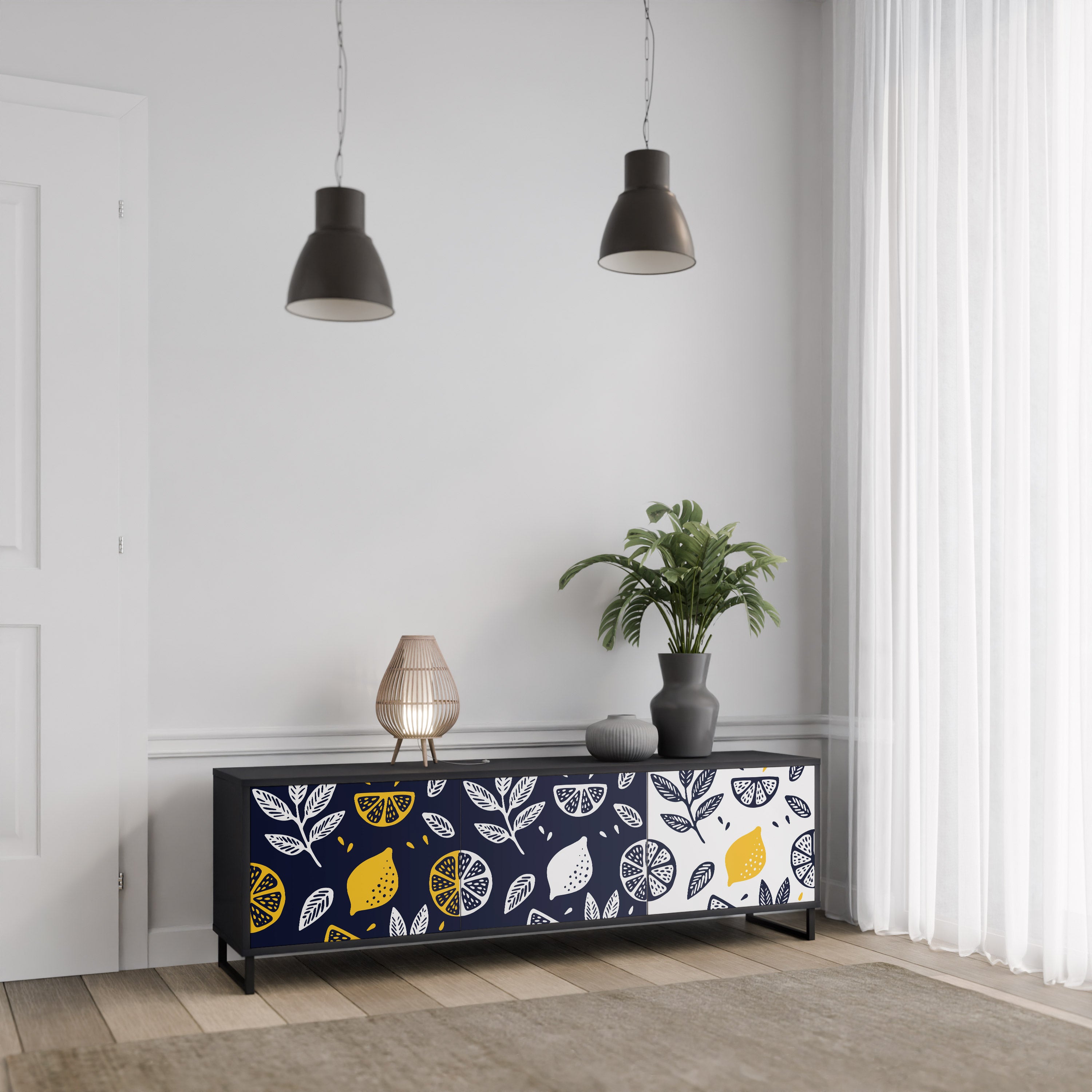 Mueble de TV de 3 puertas CITRUS BLACK AND WHITE con acabado negro