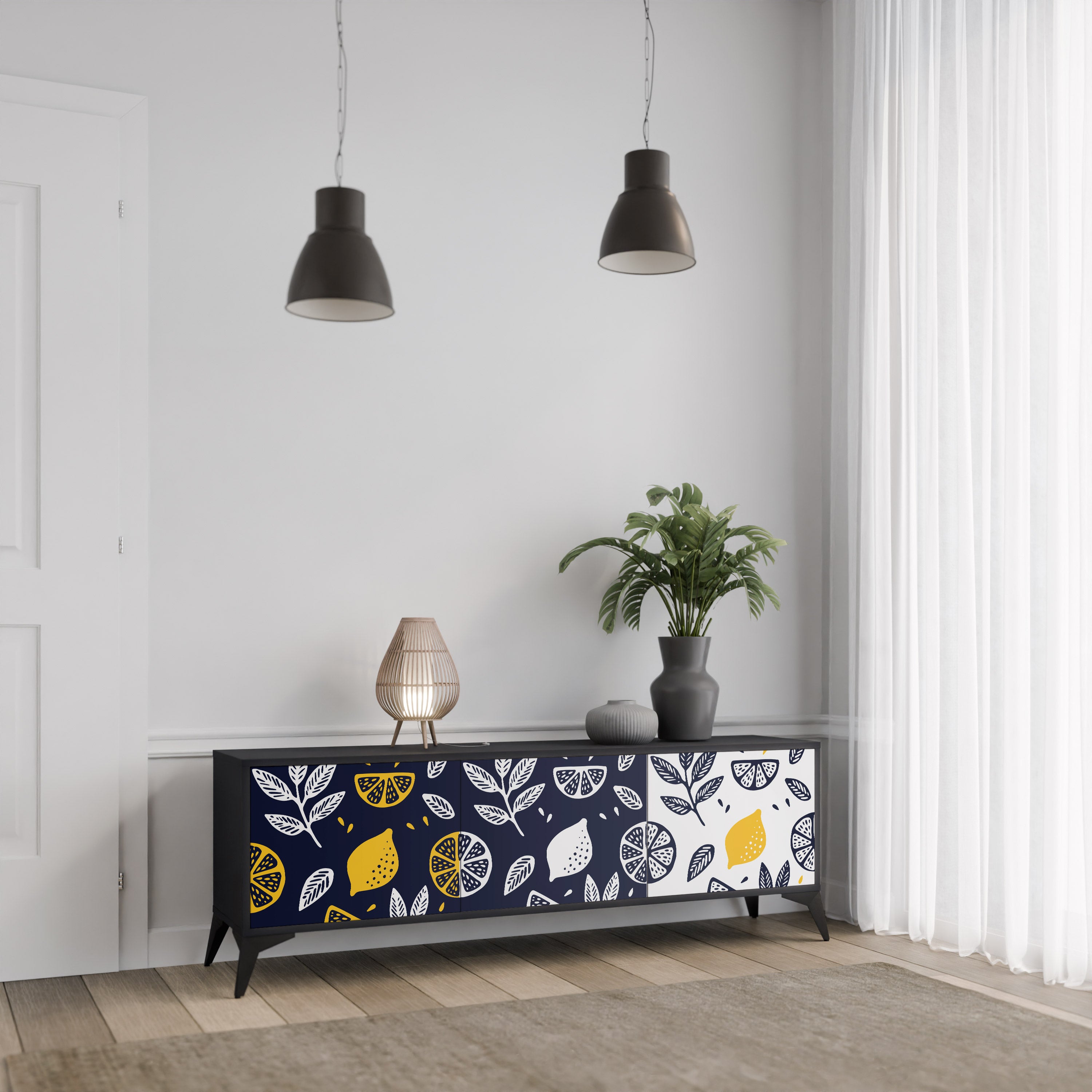 Mueble de TV de 3 puertas CITRUS BLACK AND WHITE con acabado negro