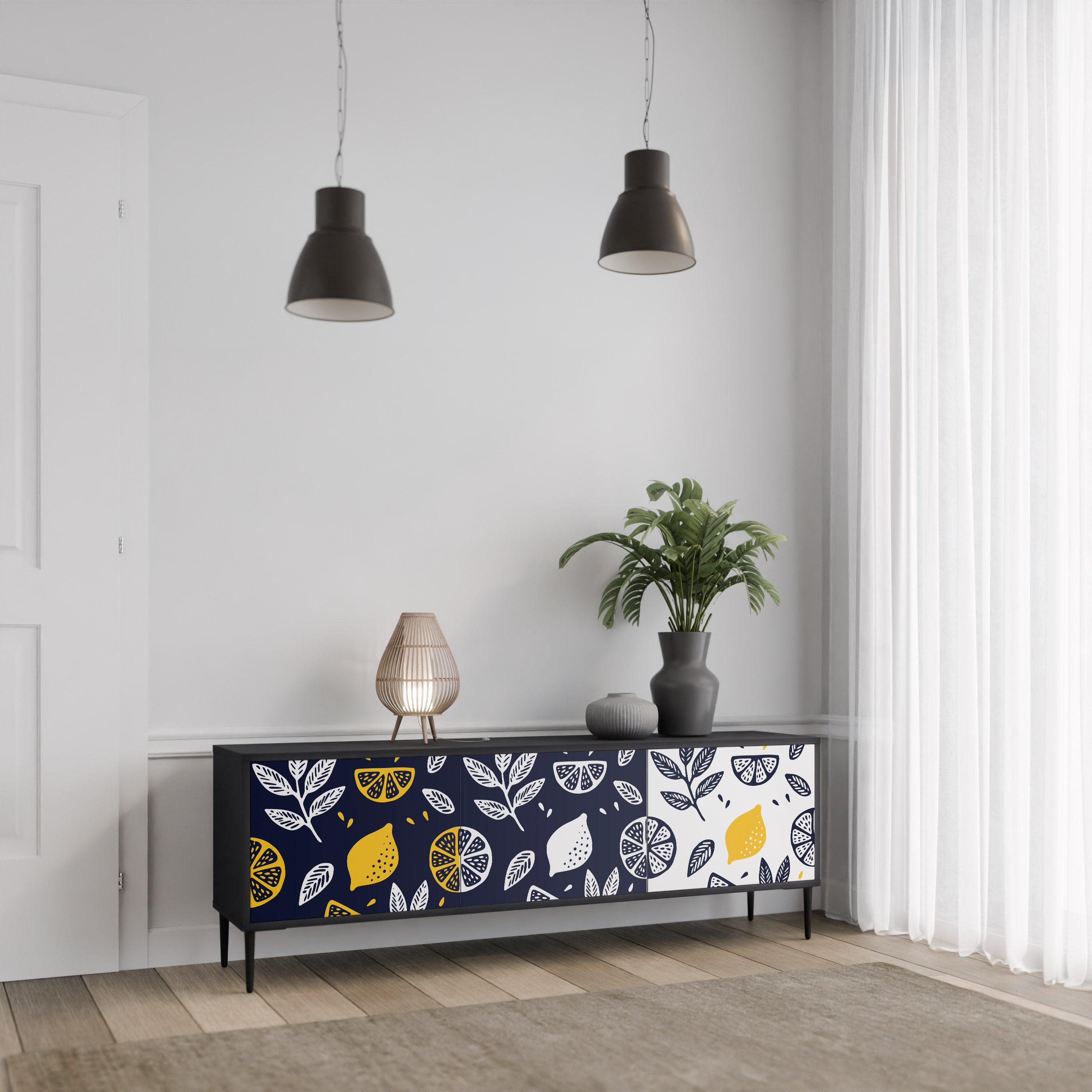 Mueble de TV de 3 puertas CITRUS BLACK AND WHITE con acabado negro