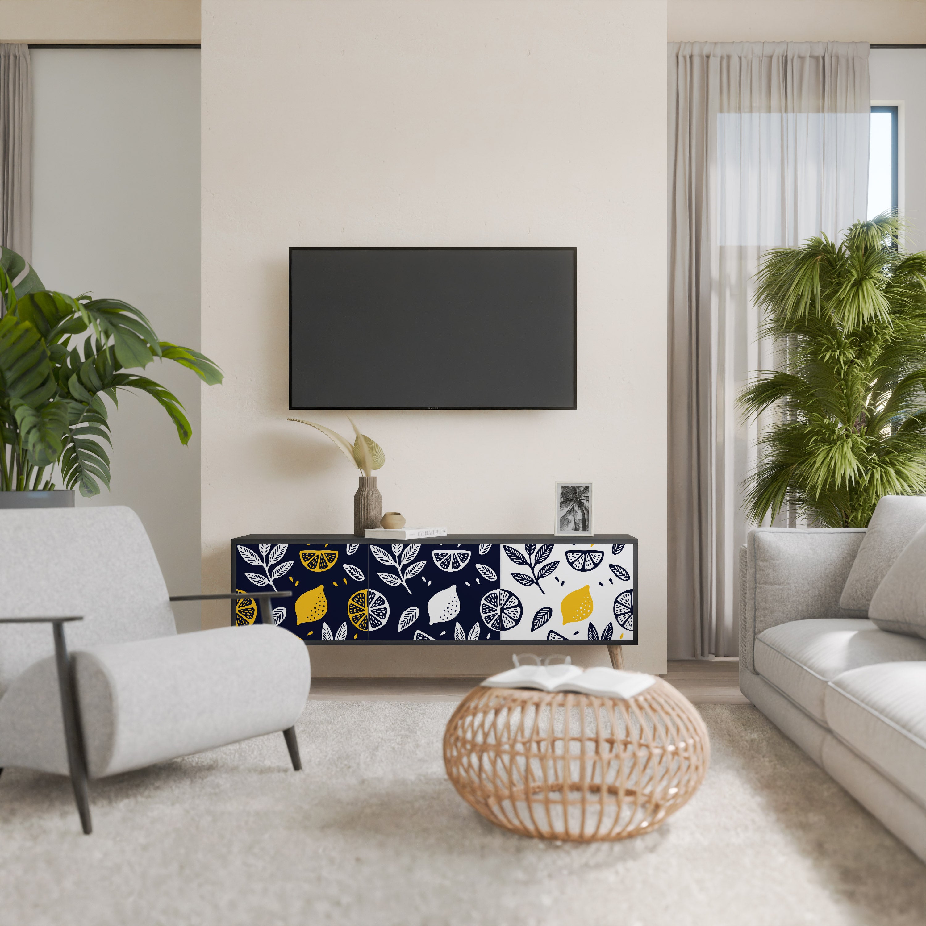 Mueble de TV de 3 puertas CITRUS BLACK AND WHITE con acabado negro
