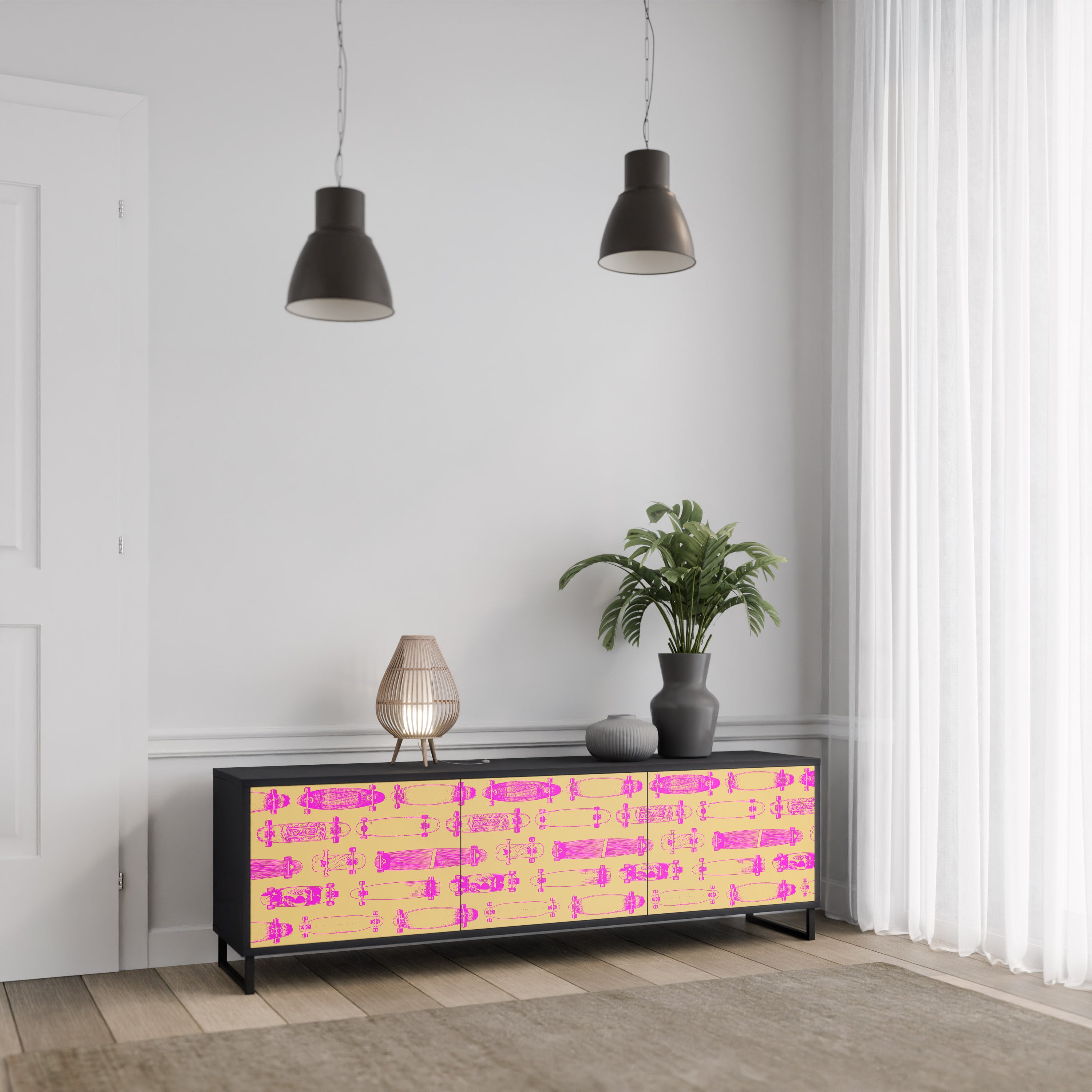 Mueble de TV de 3 puertas SKATEBOARD ARTISTRY con acabado negro