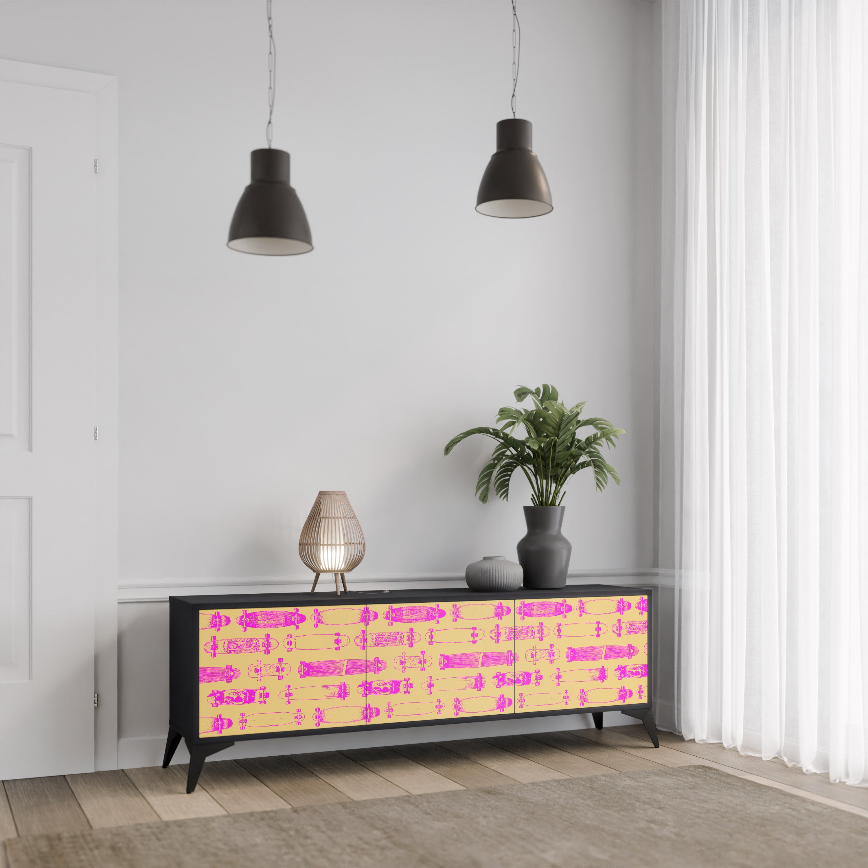 Mueble de TV de 3 puertas SKATEBOARD ARTISTRY con acabado negro