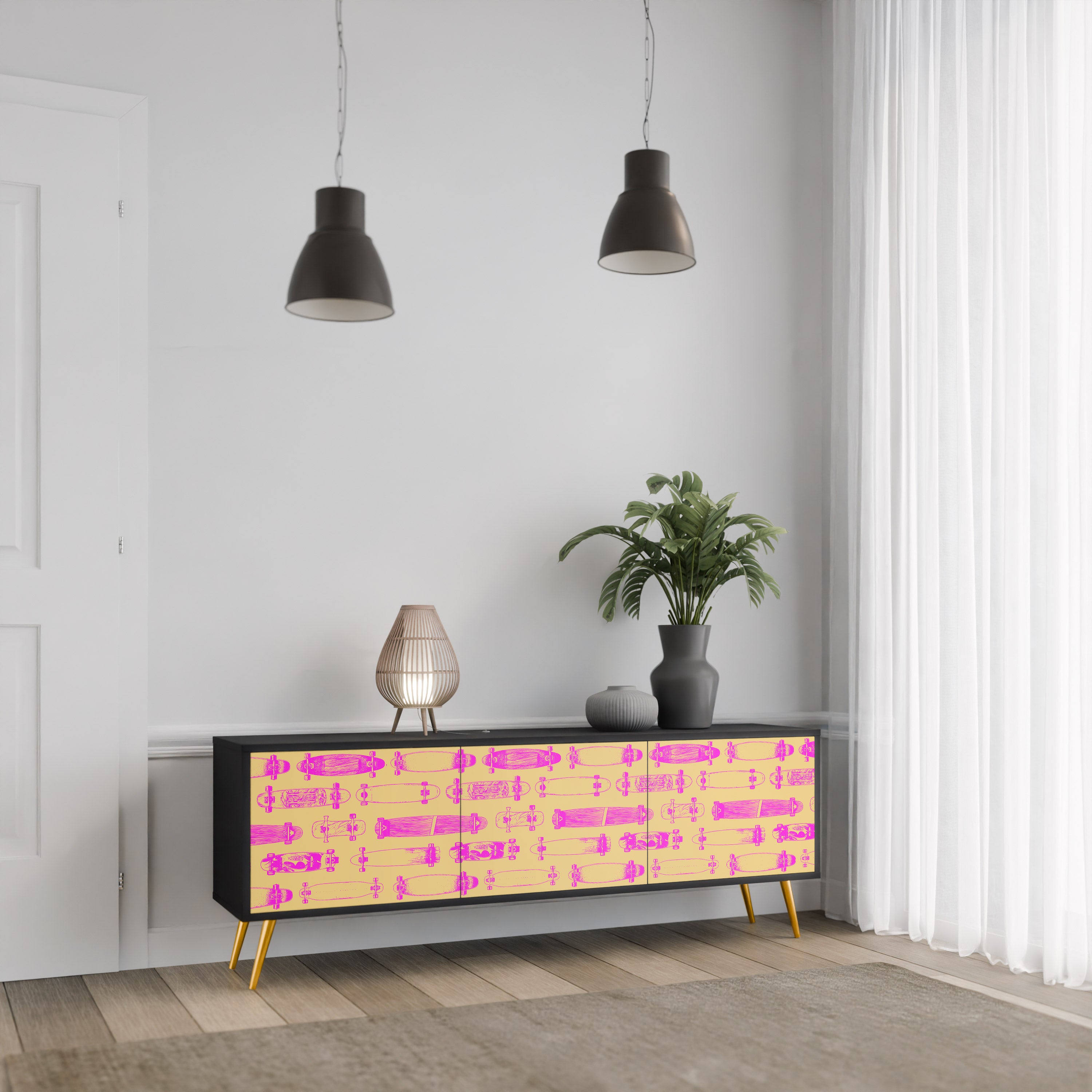 Mueble de TV de 3 puertas SKATEBOARD ARTISTRY con acabado negro