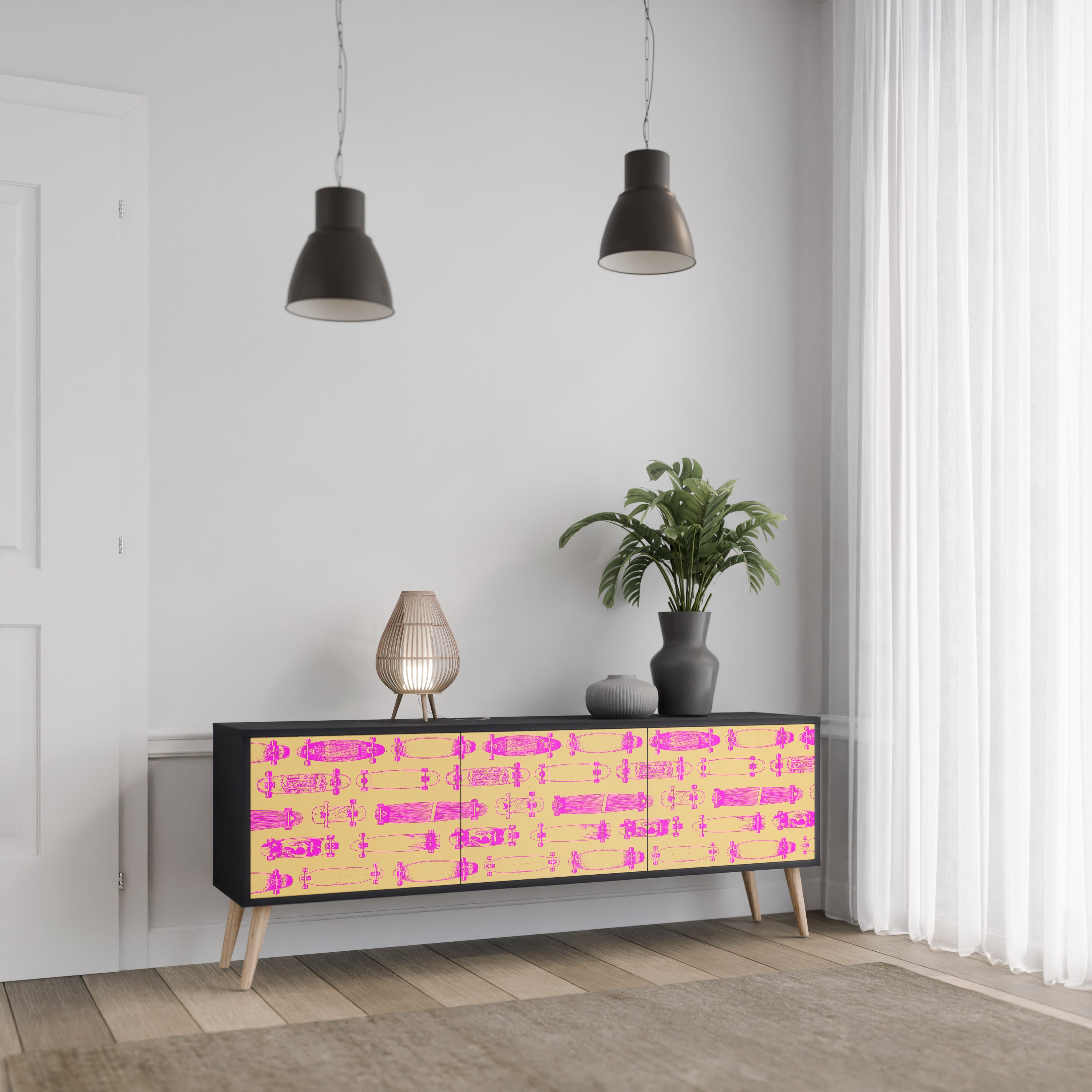 Mueble de TV de 3 puertas SKATEBOARD ARTISTRY con acabado negro