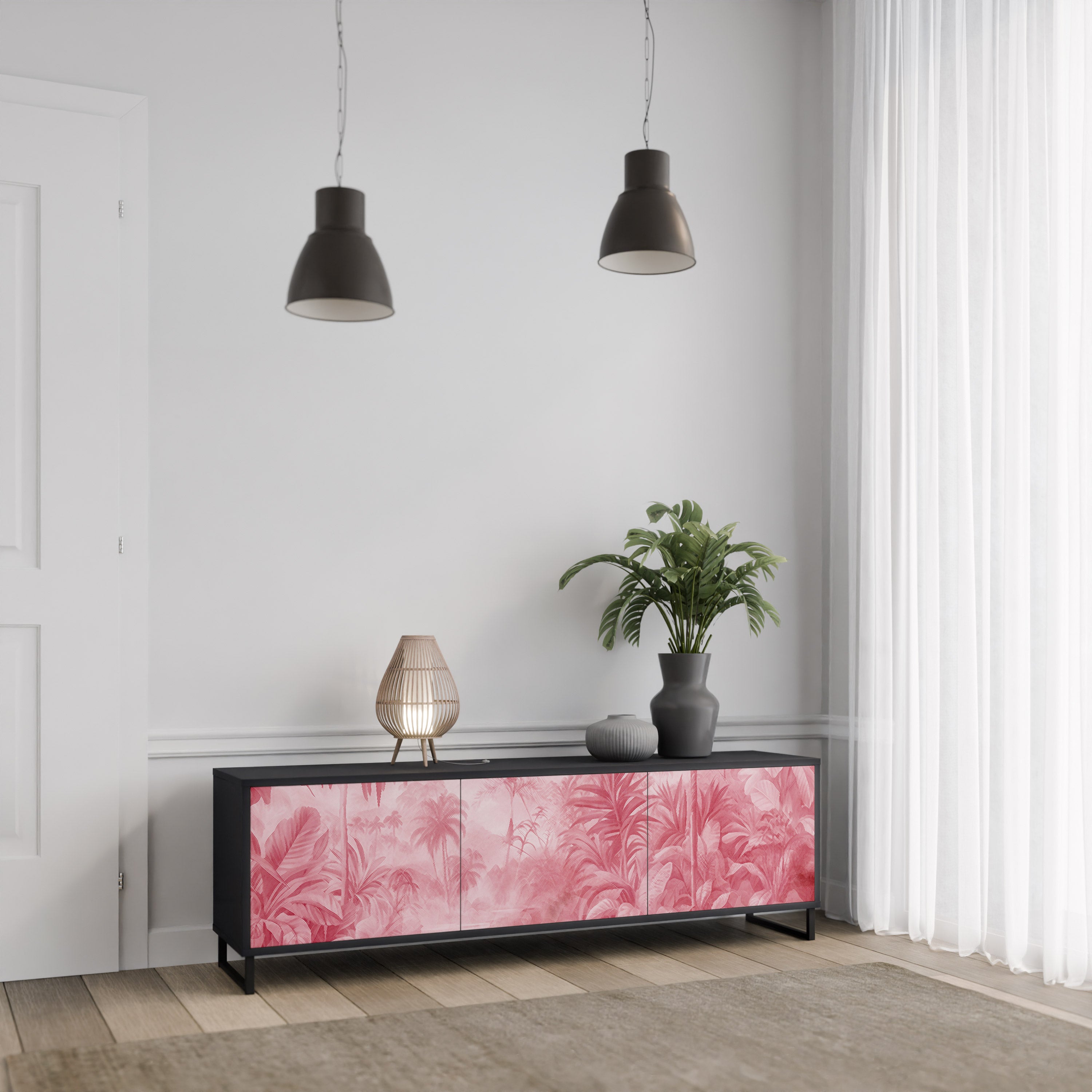 SWEET TROPICS Mueble de TV de 3 puertas con acabado negro