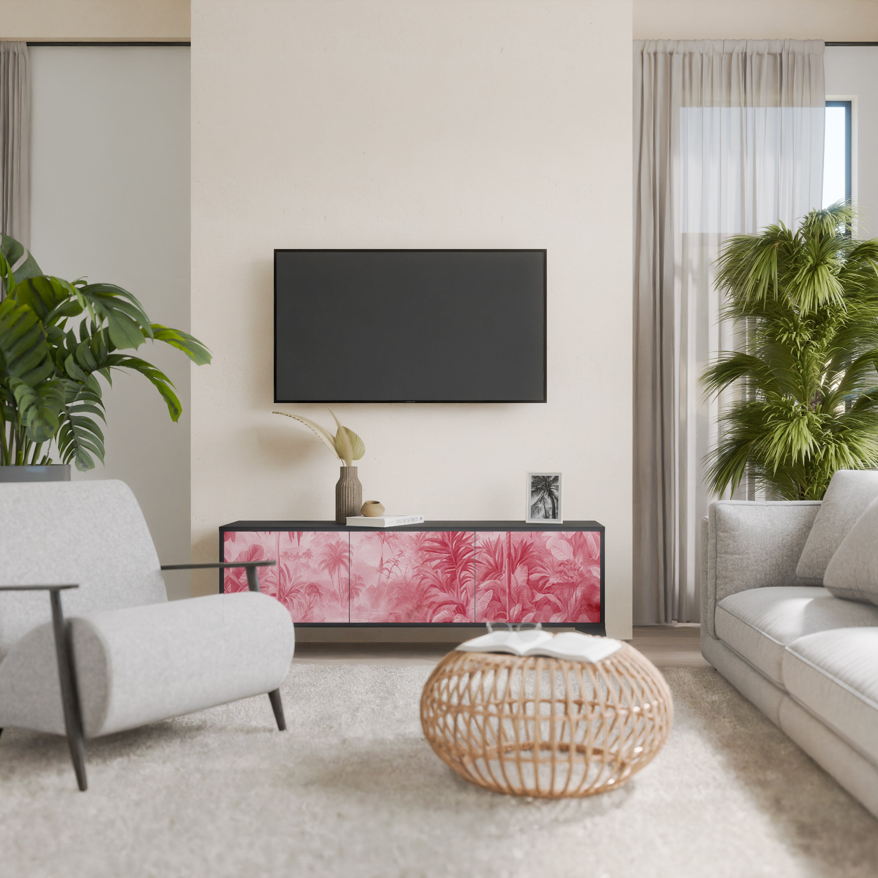 SWEET TROPICS Mueble de TV de 3 puertas con acabado negro