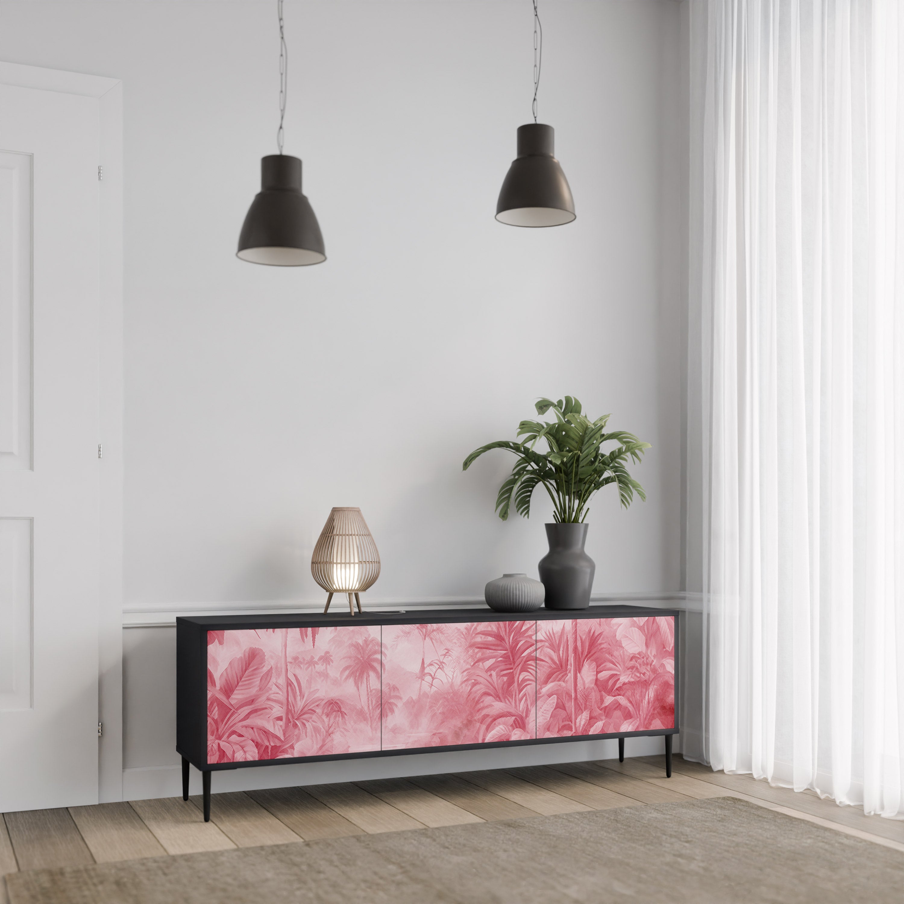 SWEET TROPICS Mueble de TV de 3 puertas con acabado negro