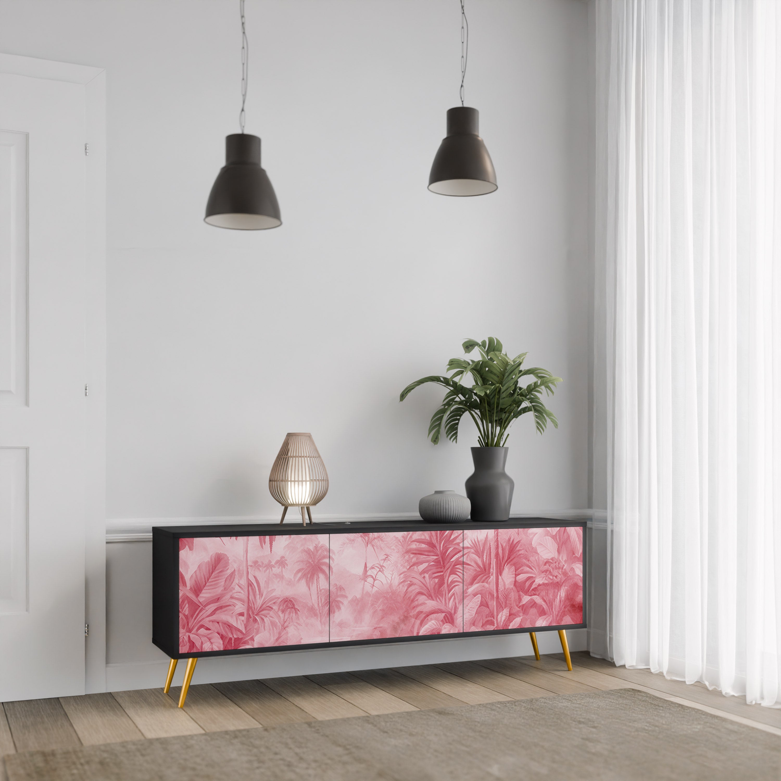 SWEET TROPICS Mueble de TV de 3 puertas con acabado negro