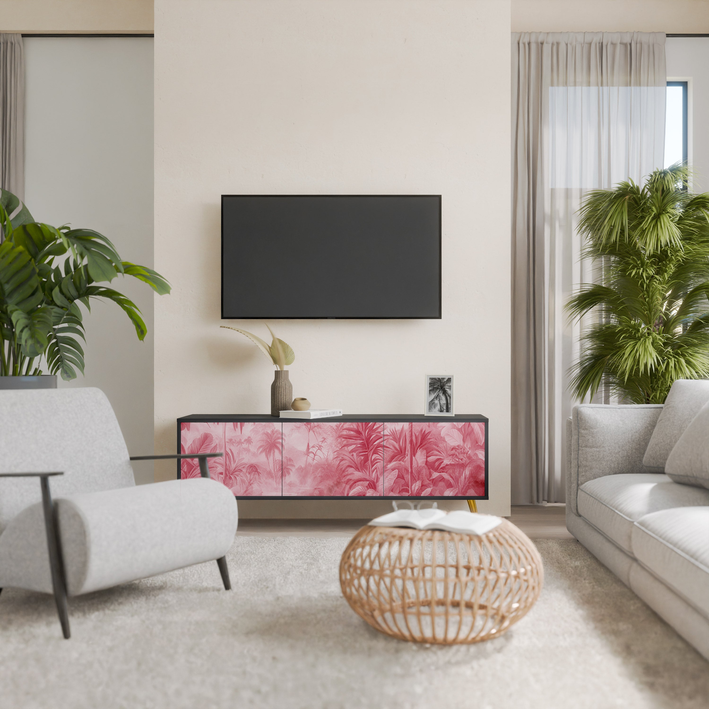 SWEET TROPICS Mueble de TV de 3 puertas con acabado negro