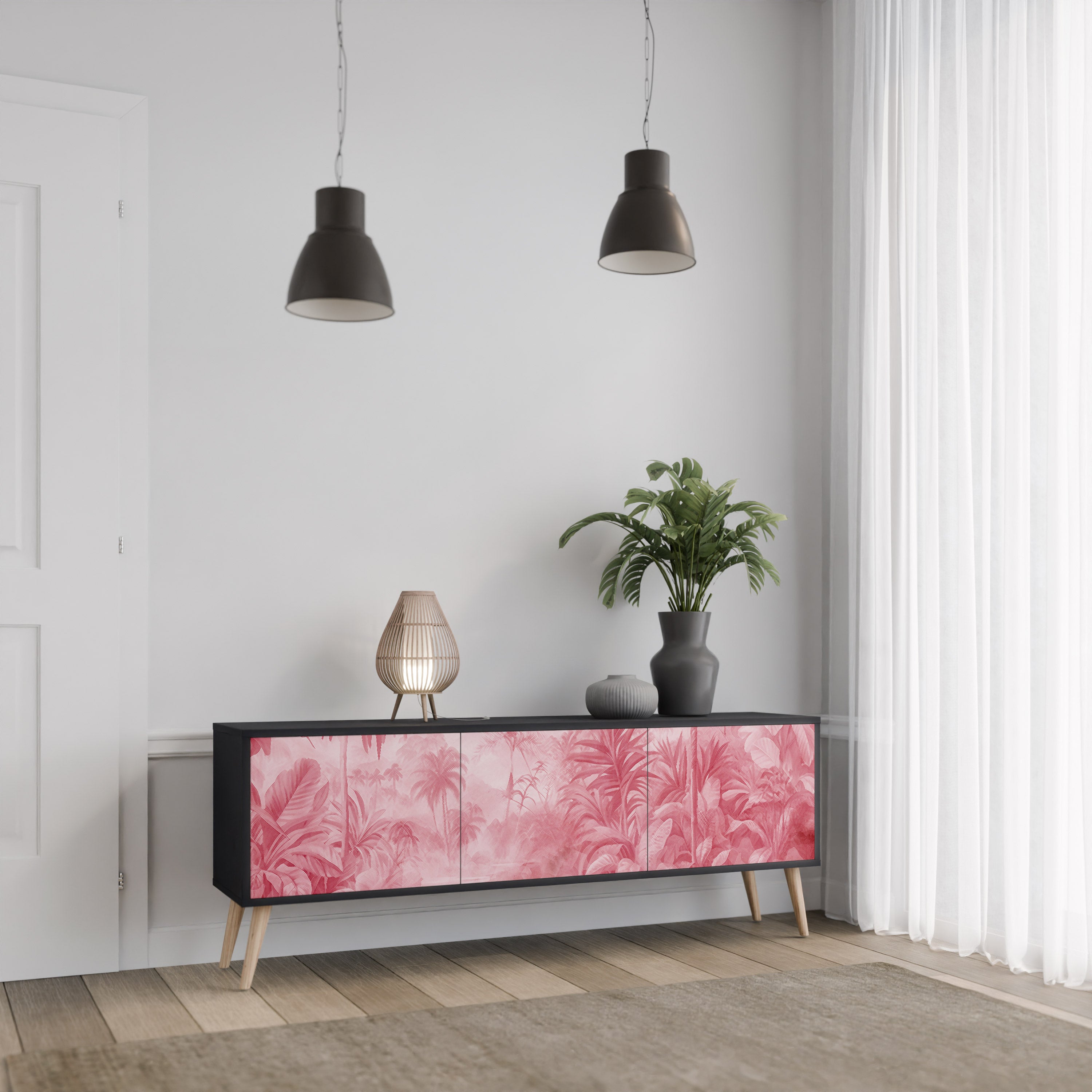SWEET TROPICS Mueble de TV de 3 puertas con acabado negro