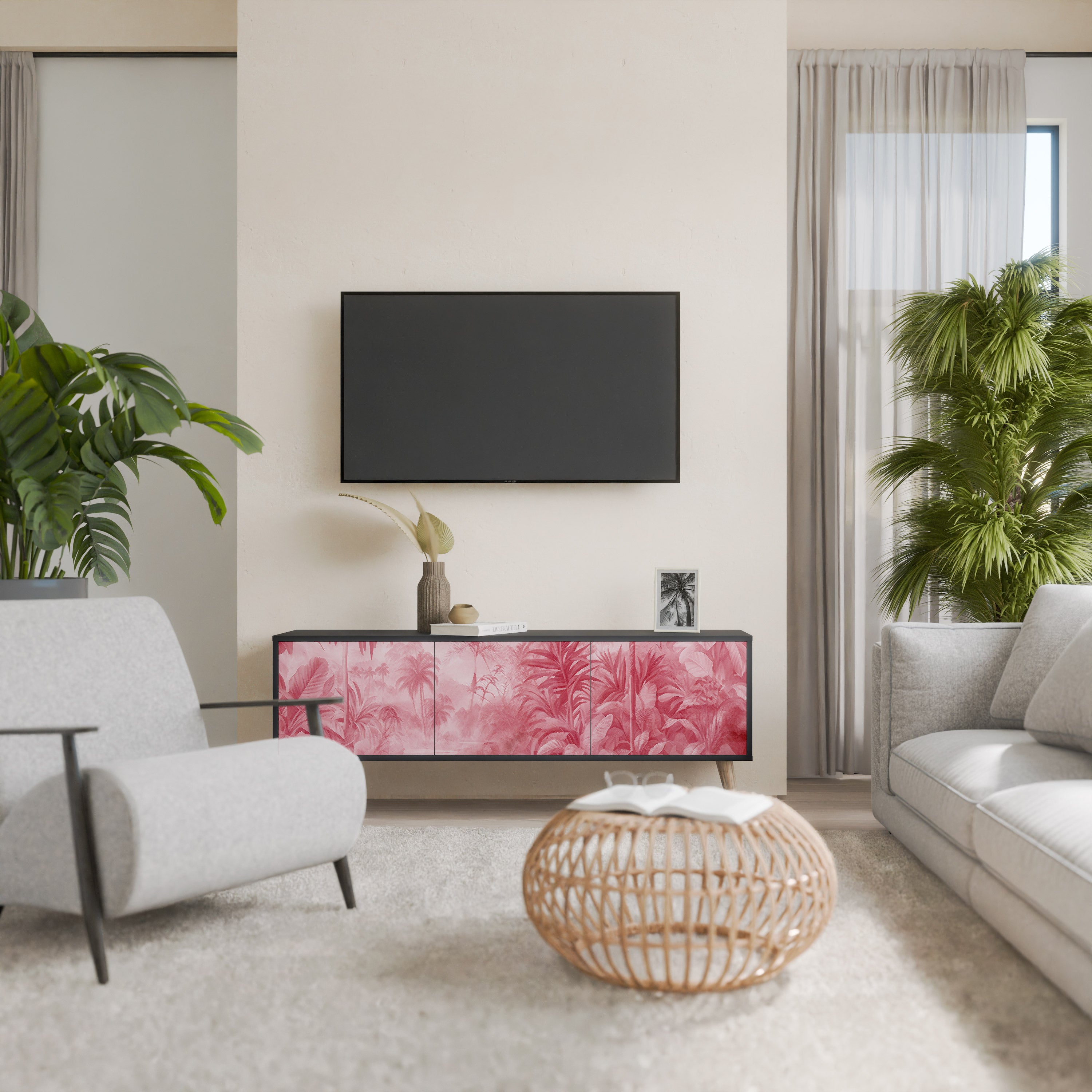 SWEET TROPICS Mueble de TV de 3 puertas con acabado negro