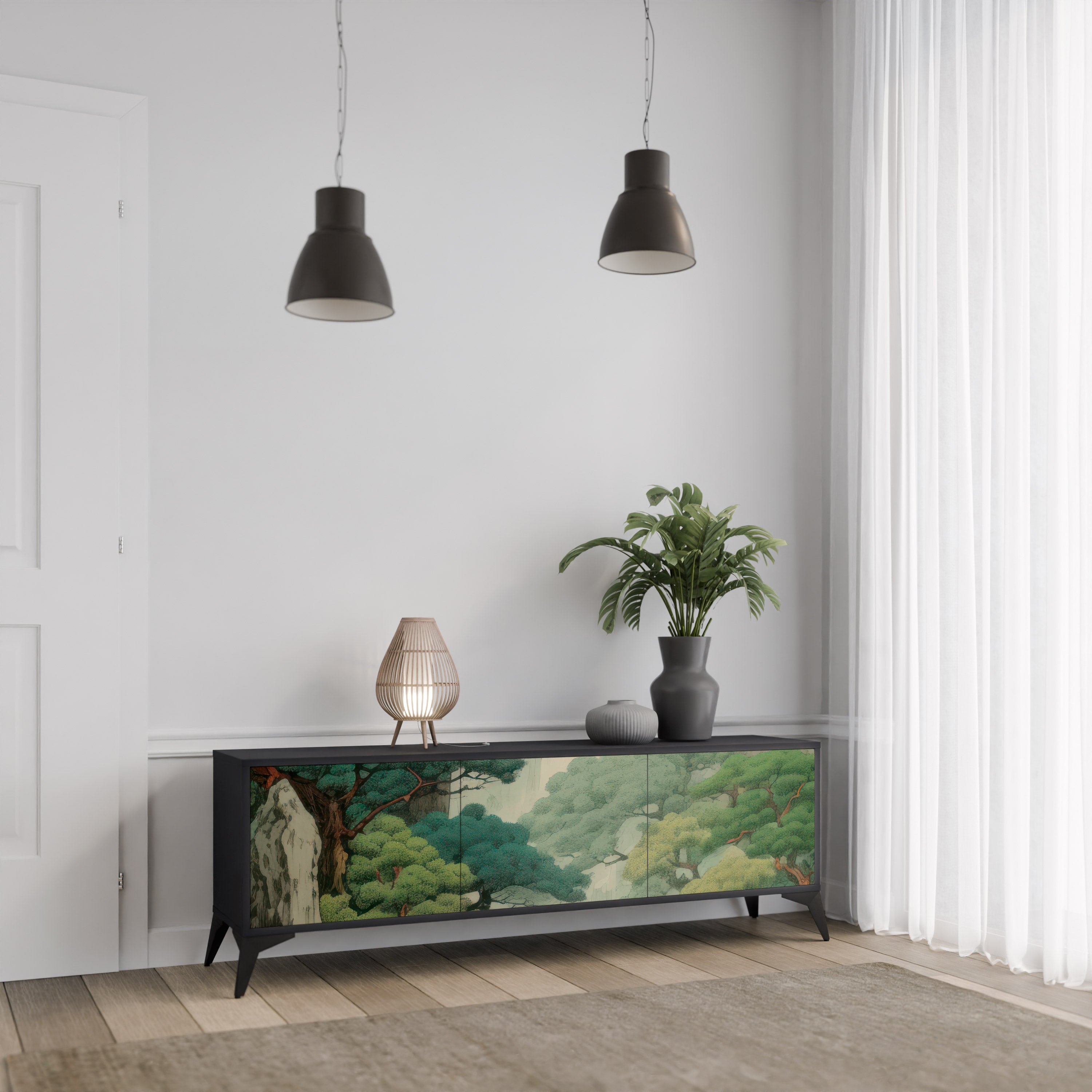 Mueble de TV de 3 puertas VERDURE ABYSS con acabado negro