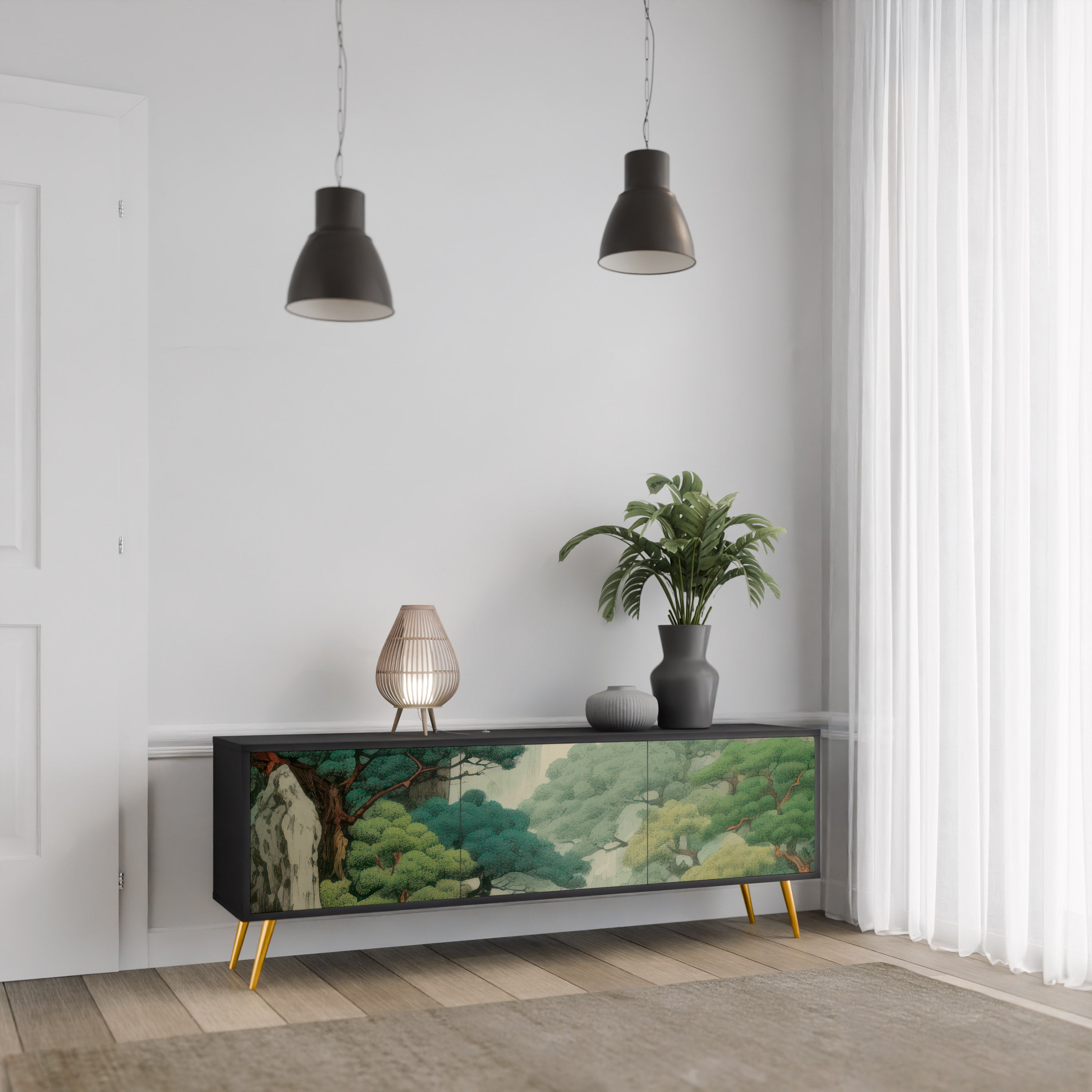 Mueble de TV de 3 puertas VERDURE ABYSS con acabado negro