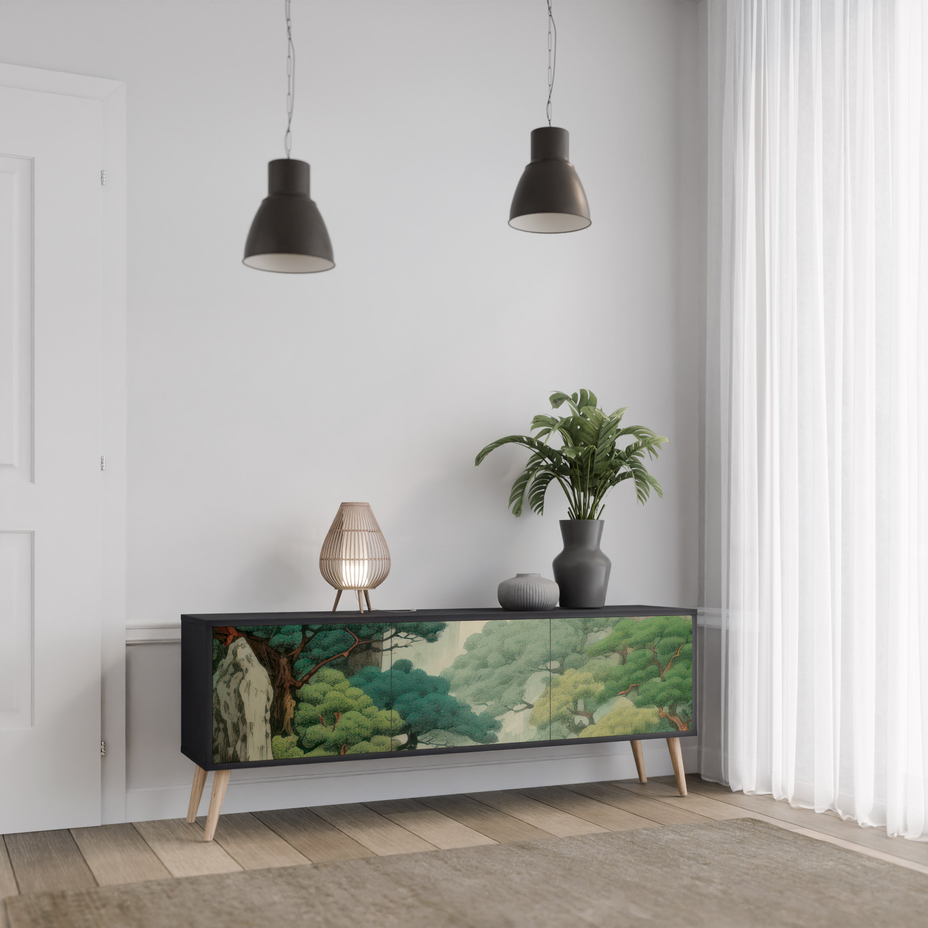 Mueble de TV de 3 puertas VERDURE ABYSS con acabado negro