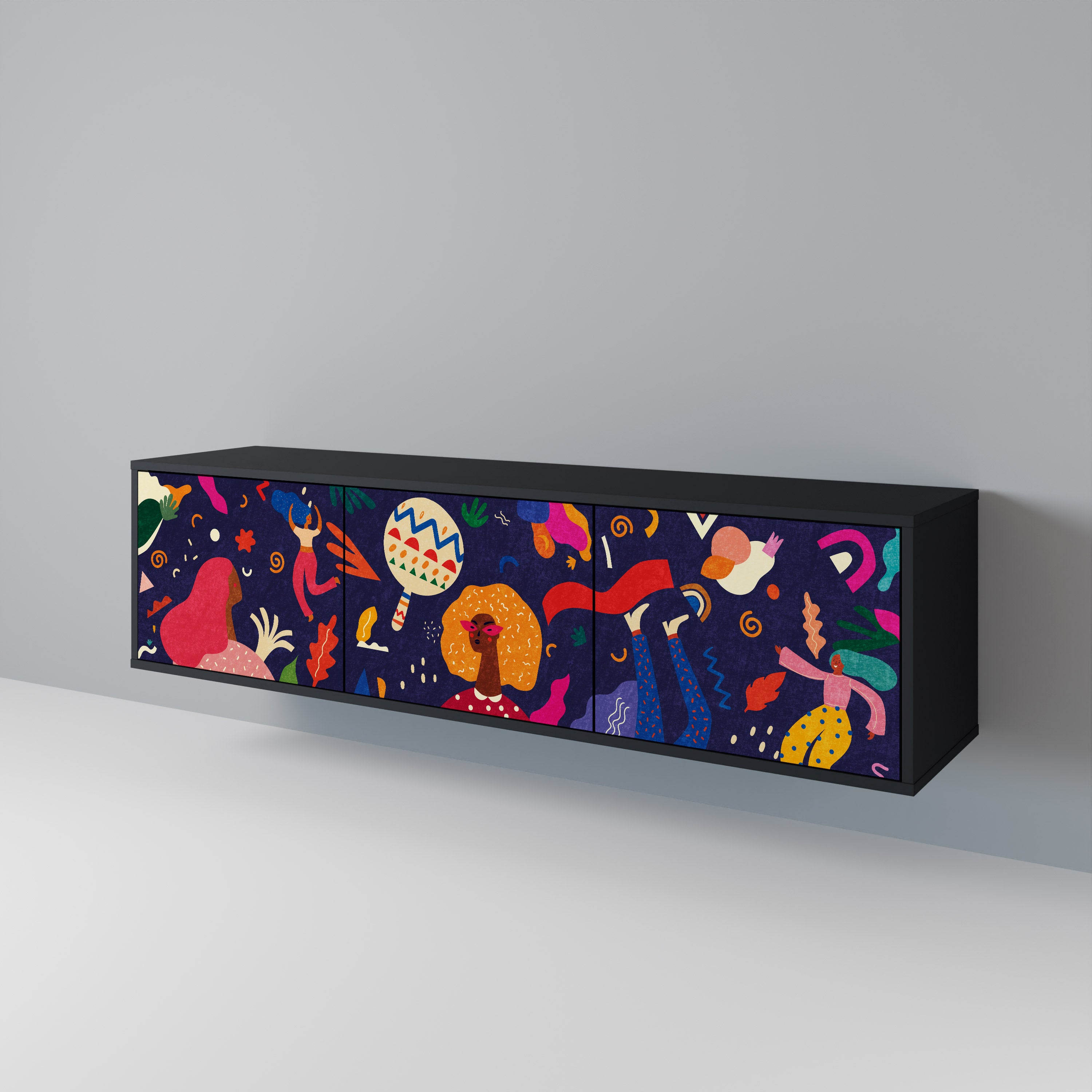 Mueble de TV de 3 puertas PLACERES FESTIVOS con acabado negro