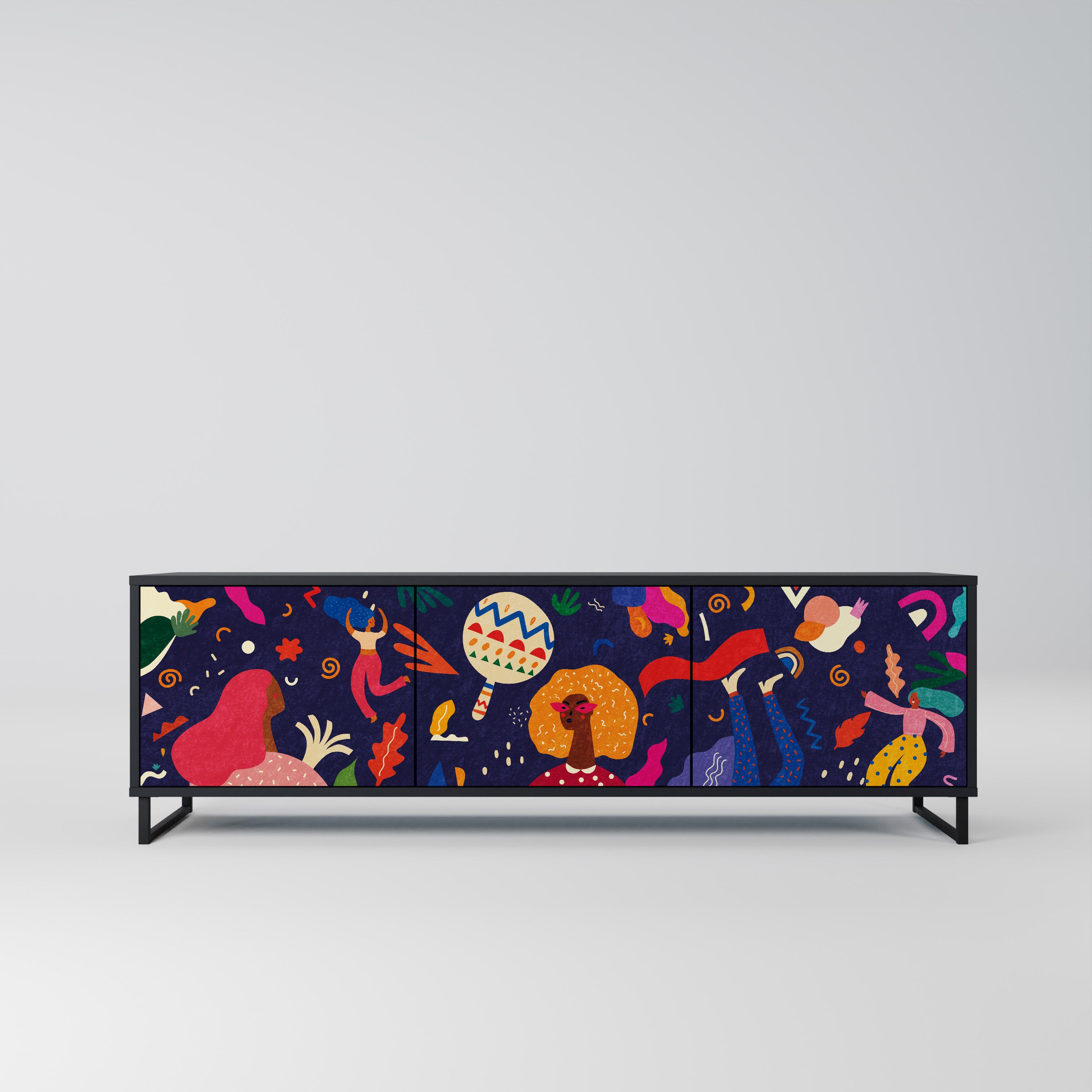 Mueble de TV de 3 puertas PLACERES FESTIVOS con acabado negro