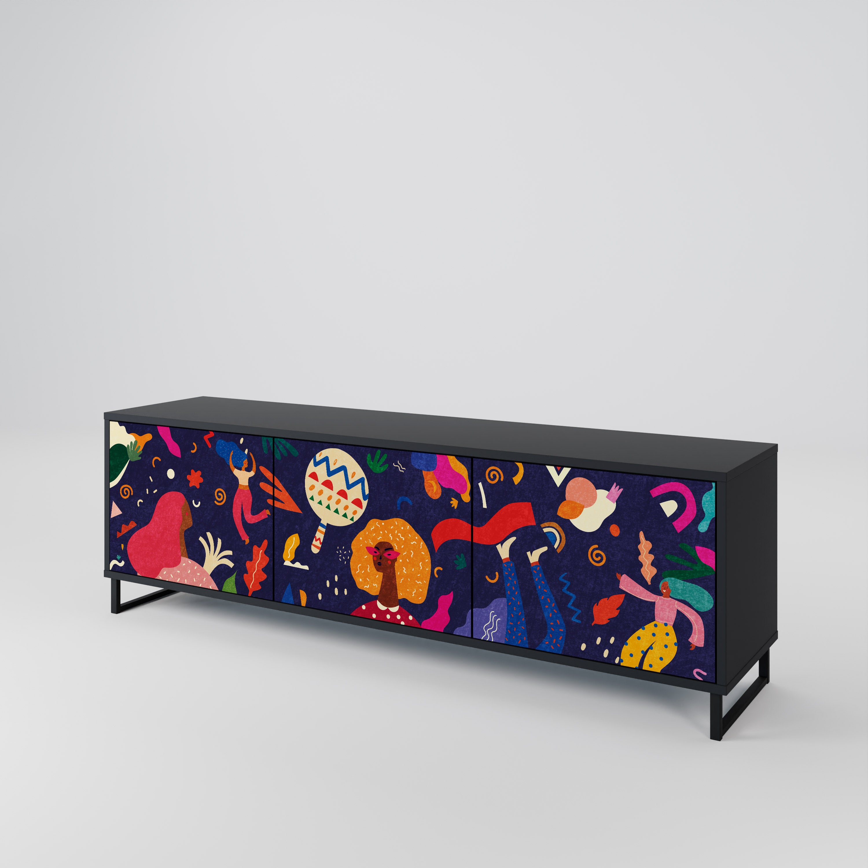 Mueble de TV de 3 puertas PLACERES FESTIVOS con acabado negro
