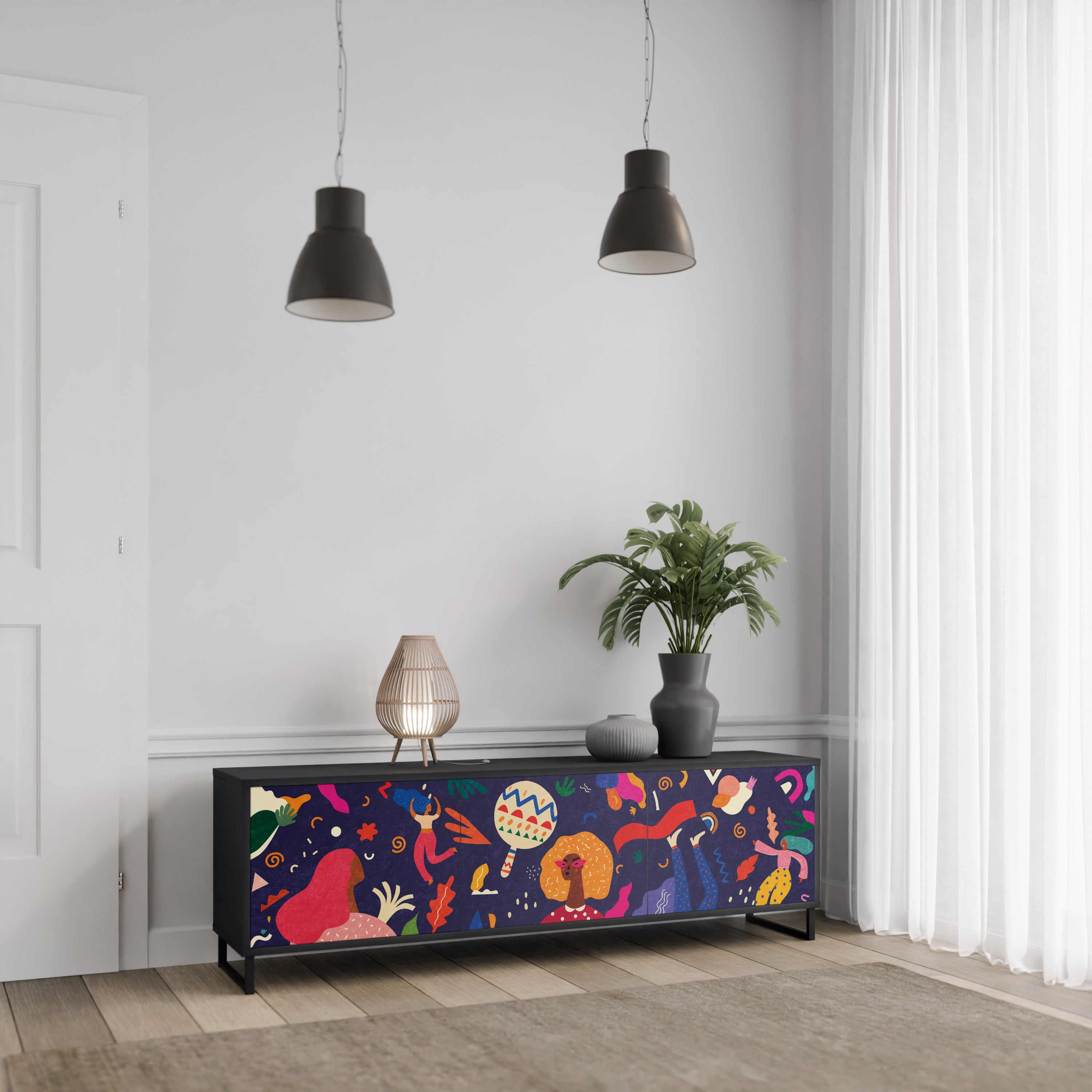 Mueble de TV de 3 puertas PLACERES FESTIVOS con acabado negro