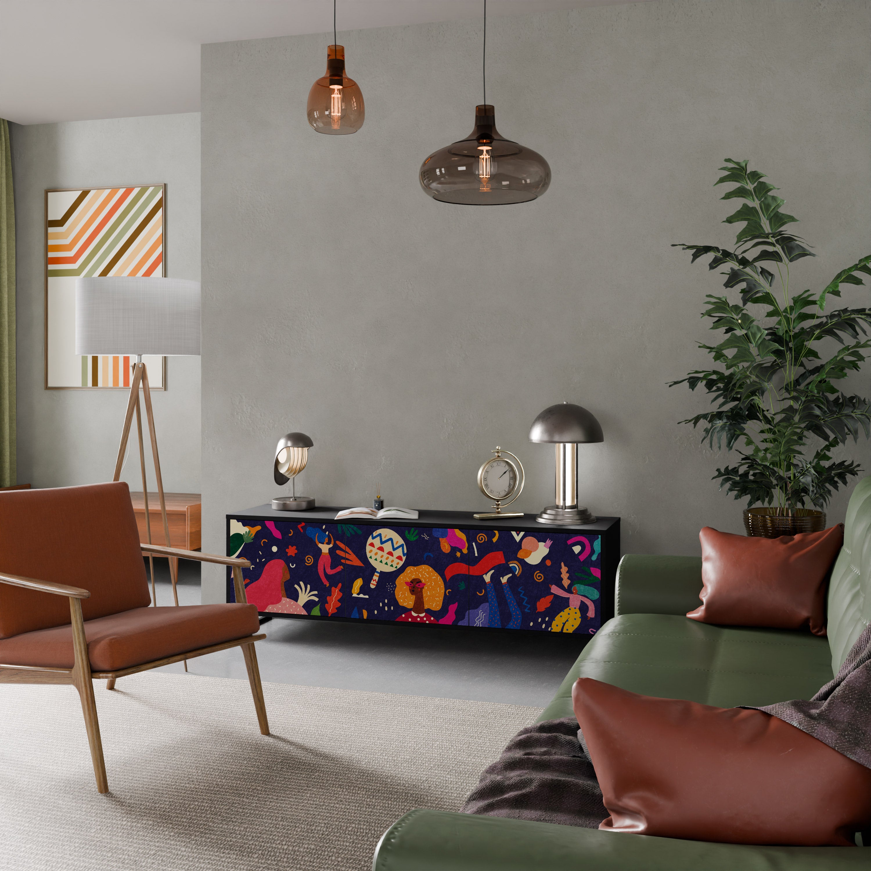 Mueble de TV de 3 puertas PLACERES FESTIVOS con acabado negro