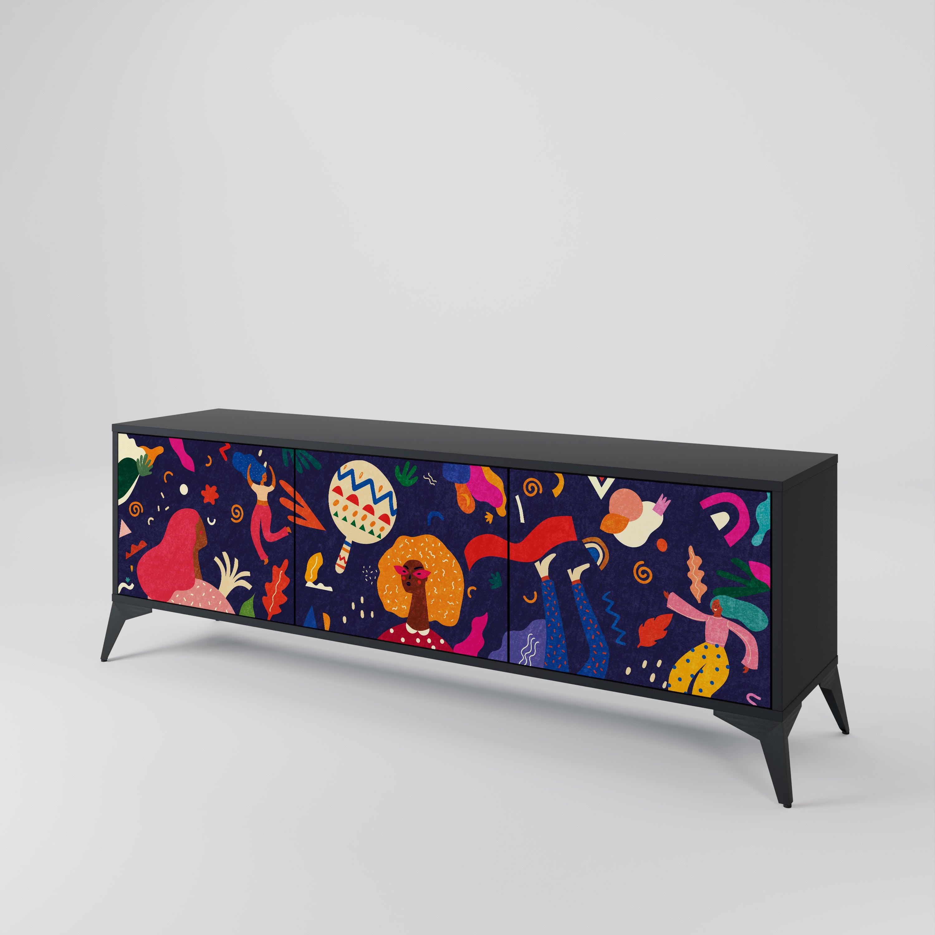 Mueble de TV de 3 puertas PLACERES FESTIVOS con acabado negro
